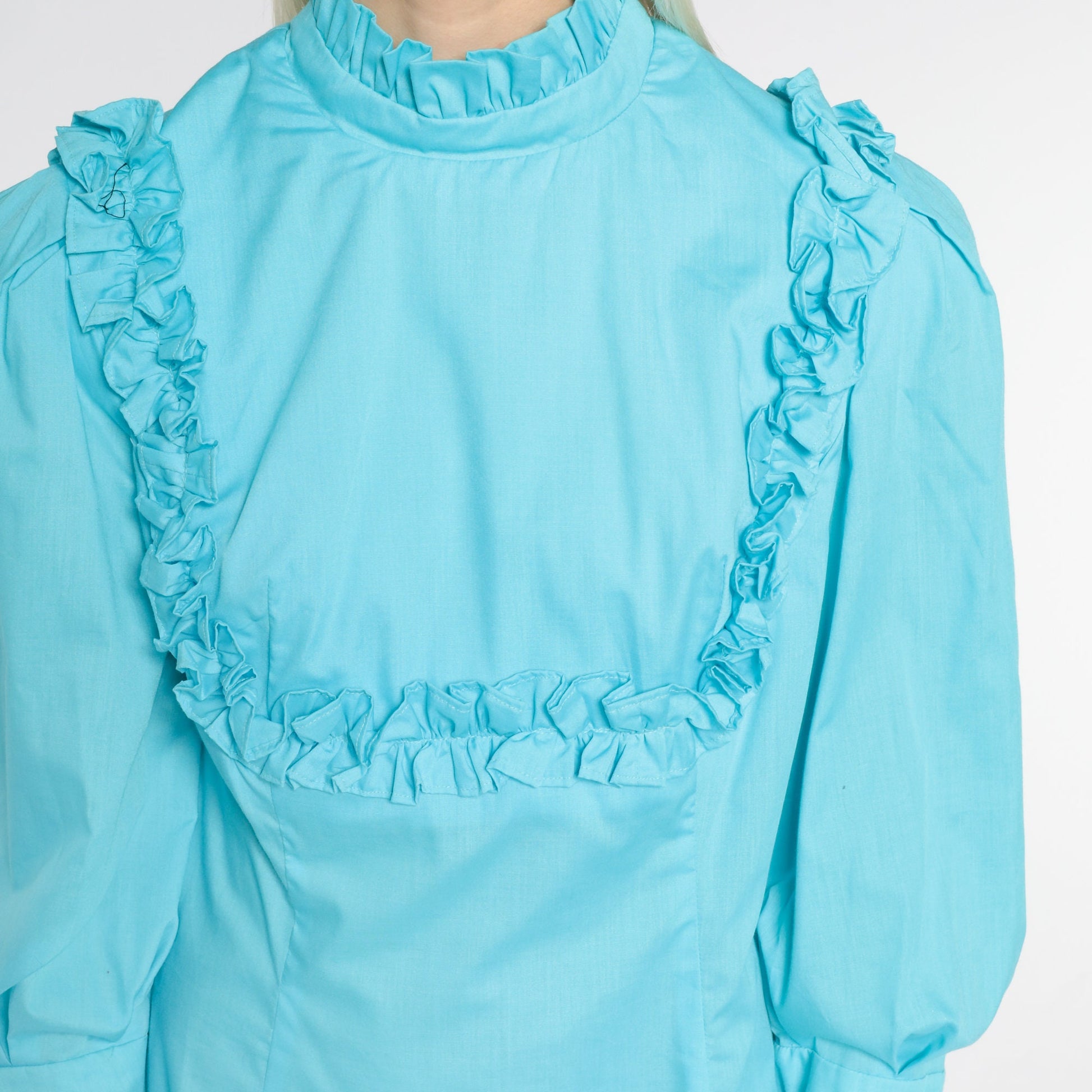 70s Blue Babydoll Mini Dress Empire Waist High Neck Puff Sleeve Small Medium