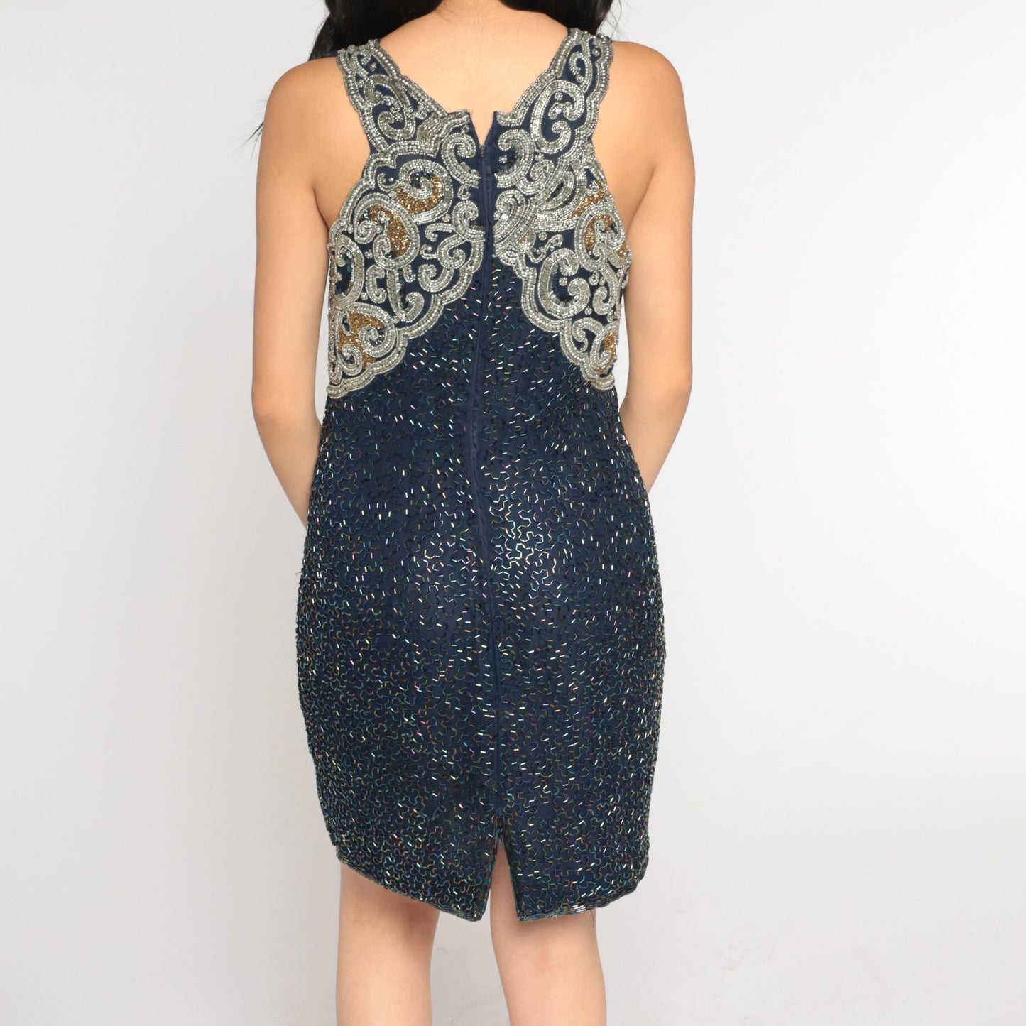 90s Navy Silk Beaded Mini Dress Sleeveless Sheath Small S