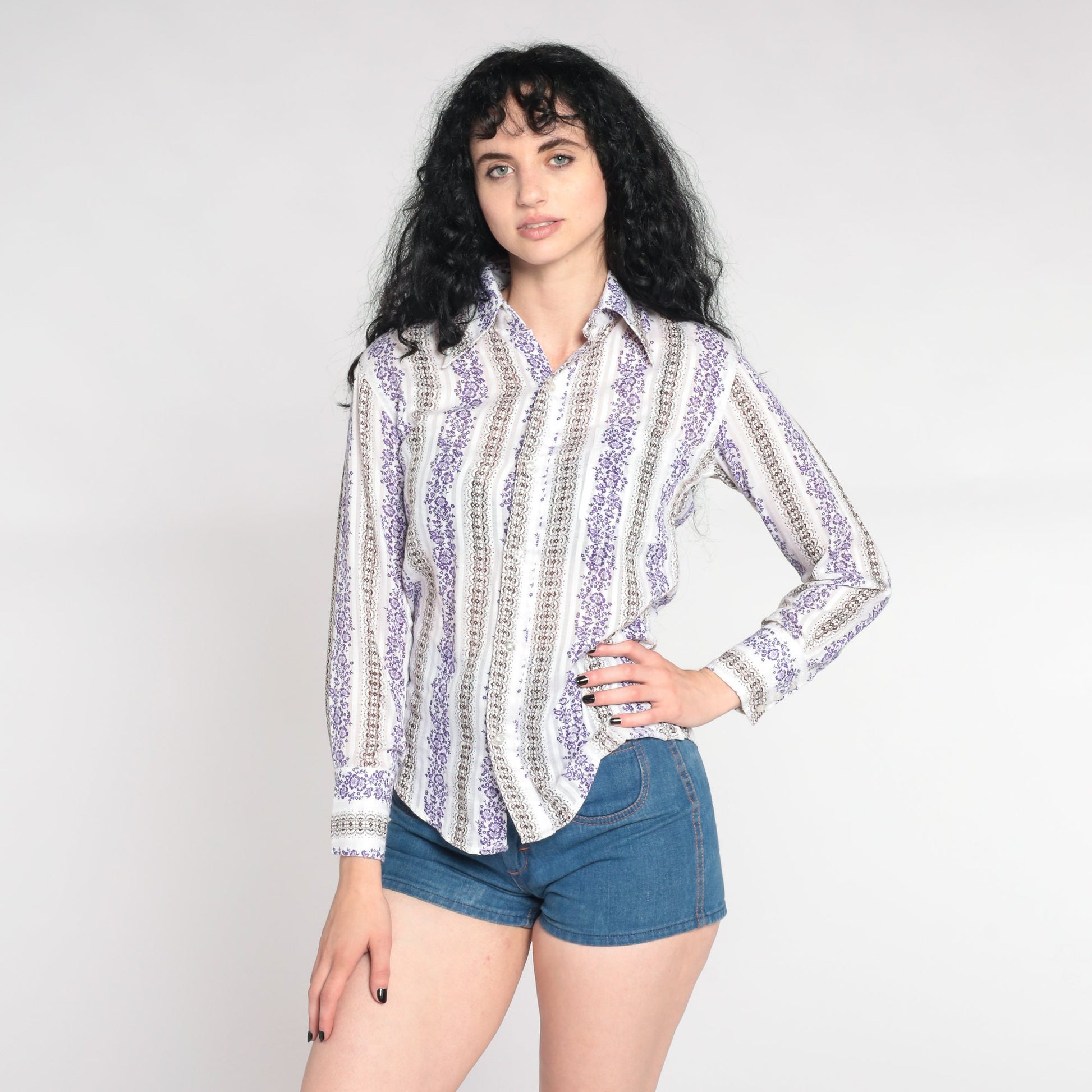 70s Striped Floral Dagger Collar Button-Up Shirt White Purple Small