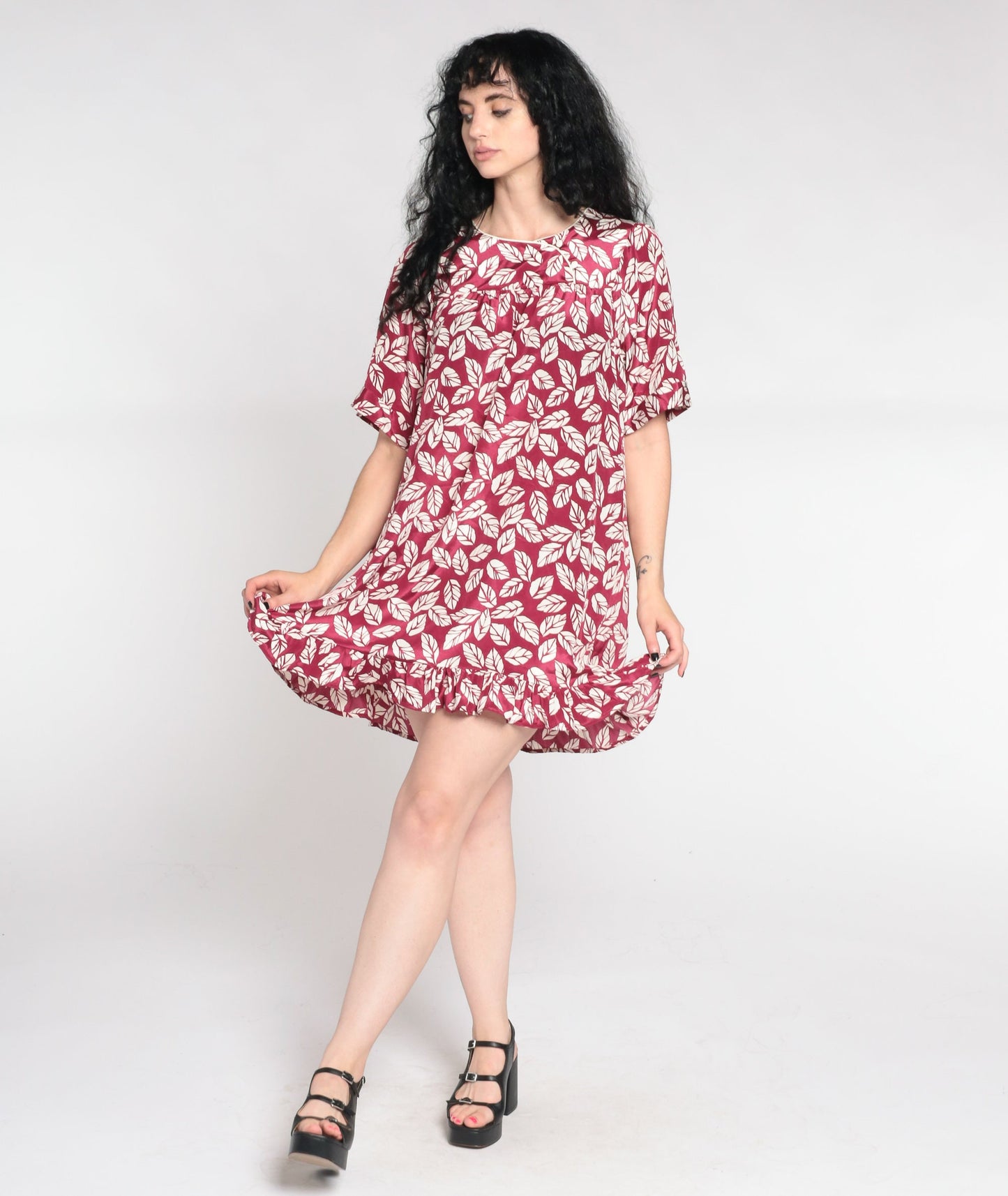 90s Leaf Print Tent Dress Dark Raspberry Red Mini Yoke Short Sleeve Small Medium