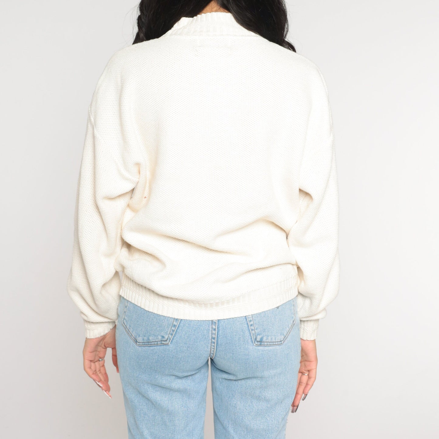 90s Isle of Cotton White Floral Embroidered Mockneck Sweater Large L