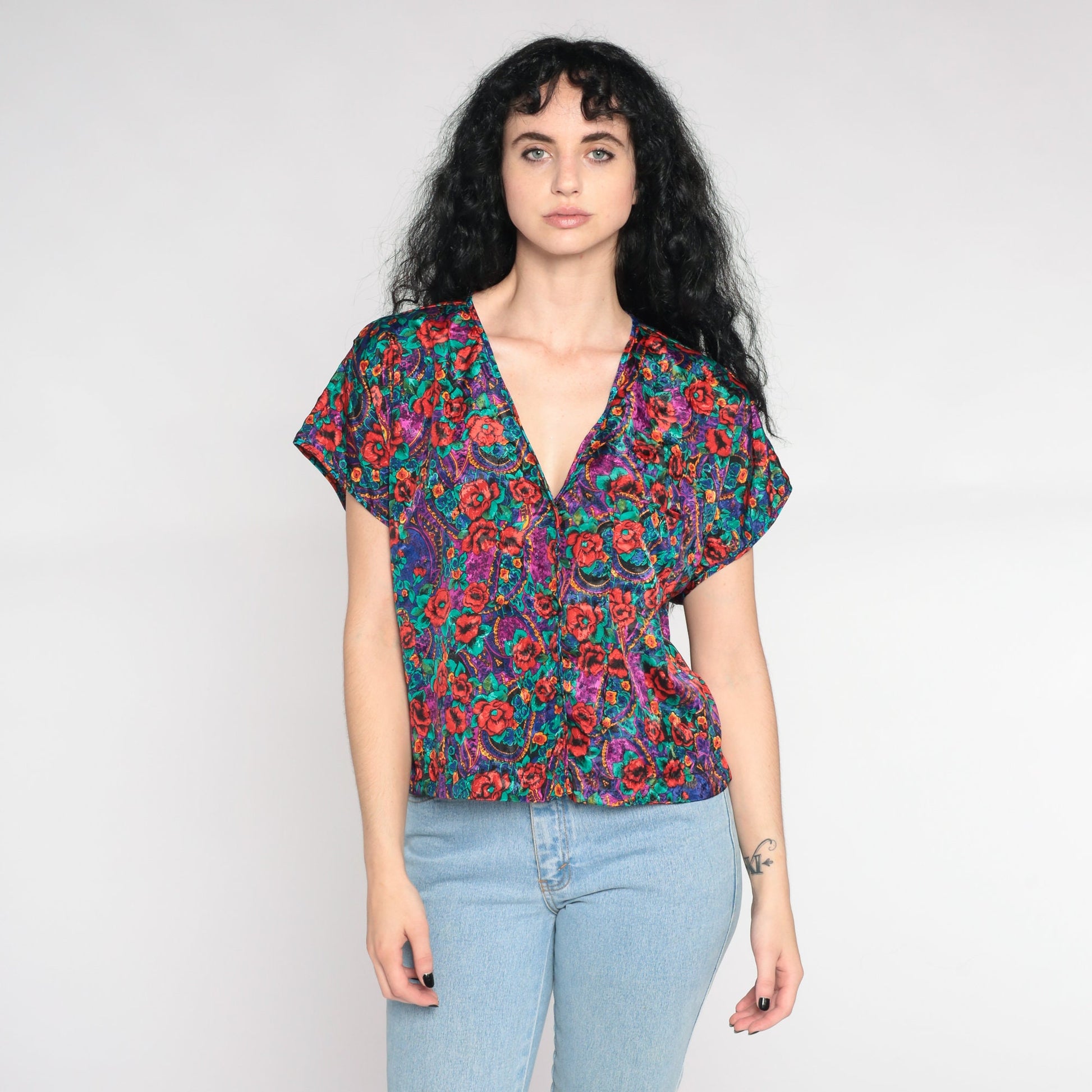 90s Embossed Paisley Floral Satin Pajama Top Button-Up Sleep Shirt Large L