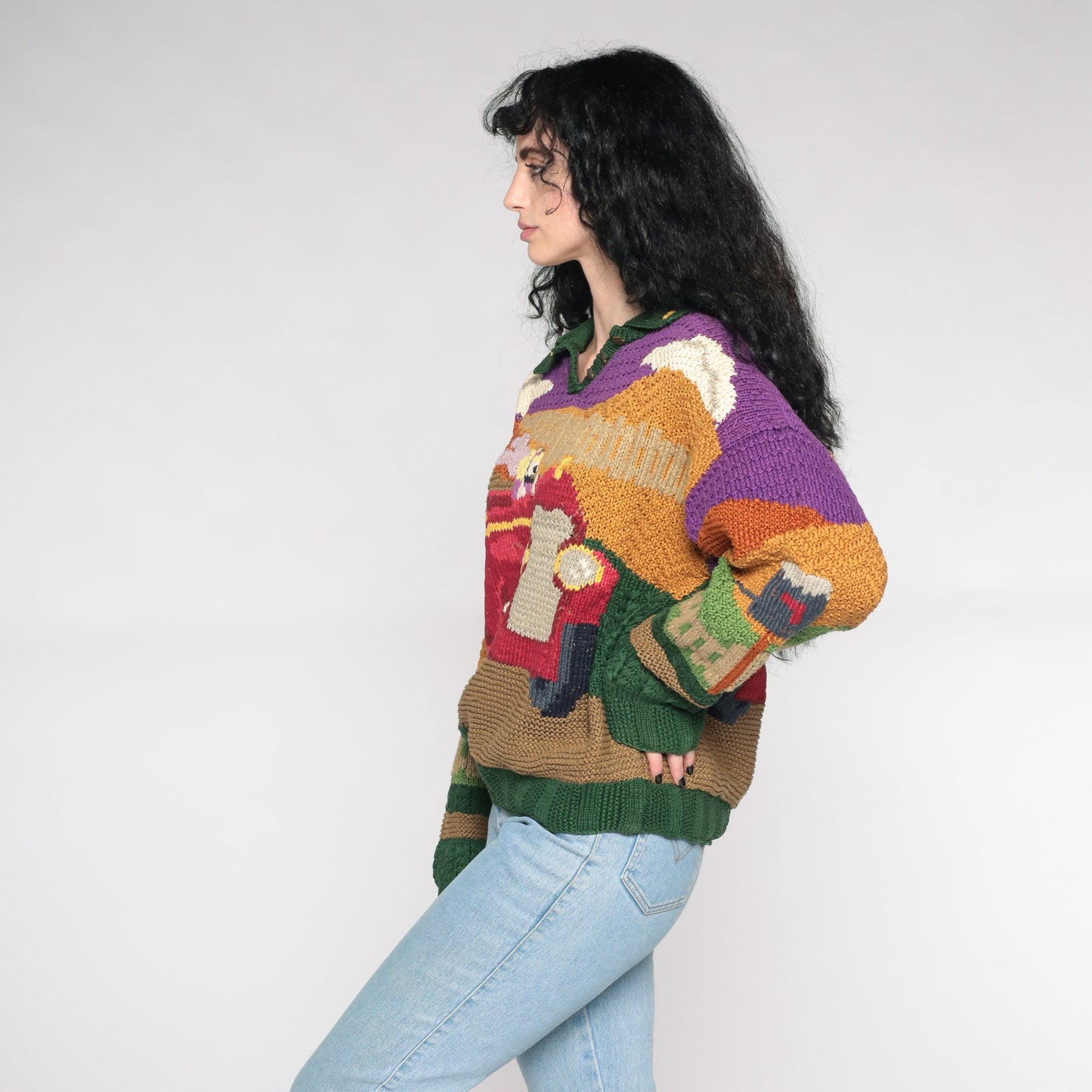 90s Princess Car Jacquard Knit Sweater Cotton Pullover Large L