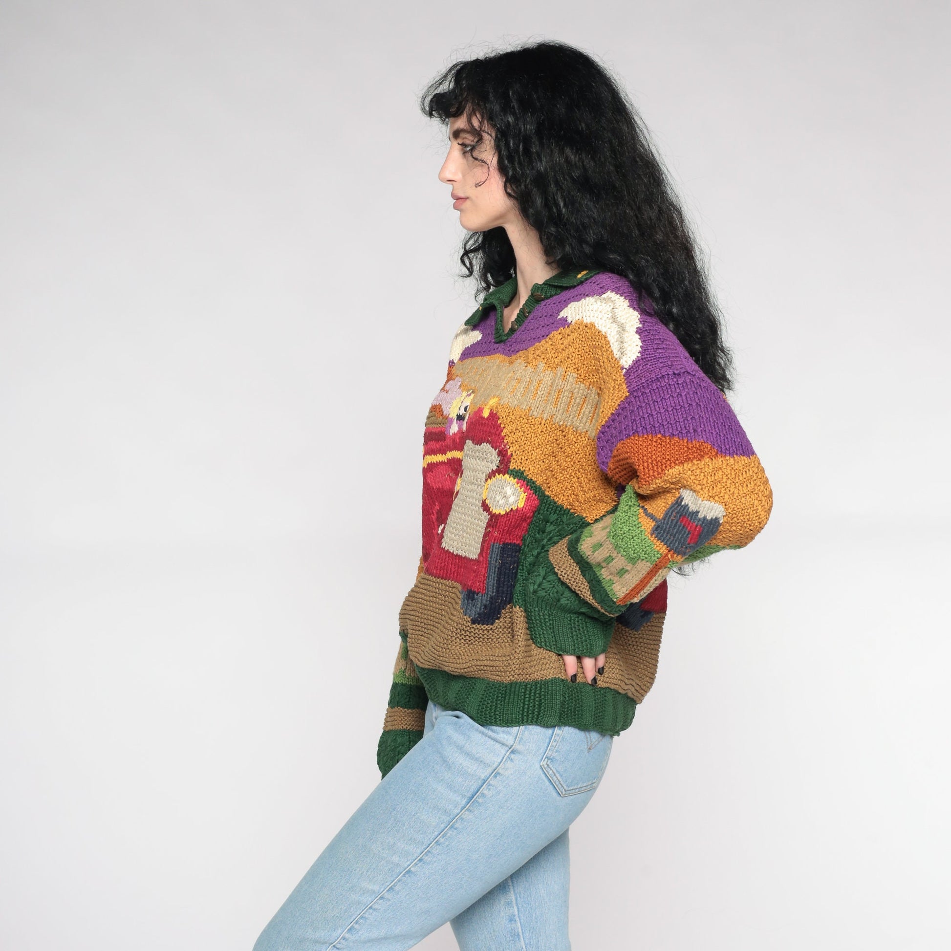 90s Princess Car Jacquard Knit Sweater Cotton Pullover Large L