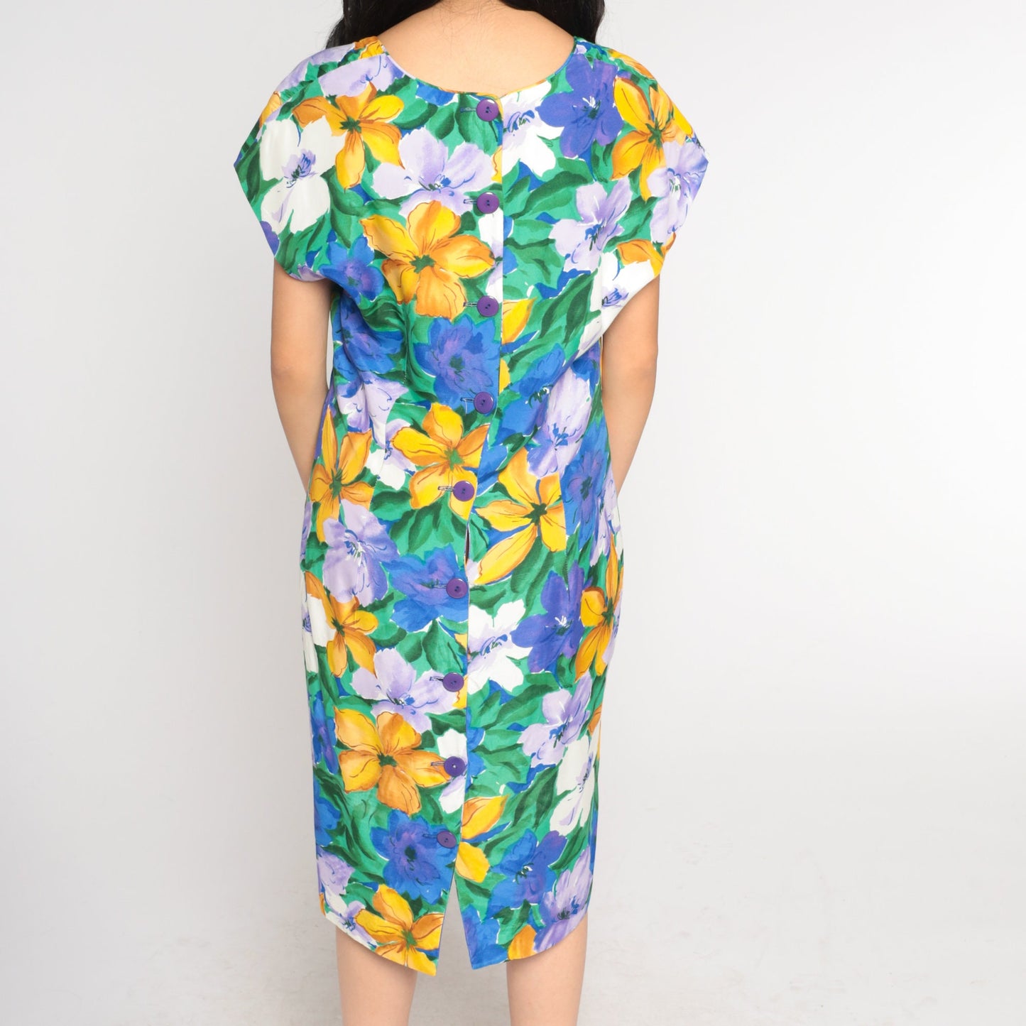 90s Floral Sheath Dress Knee Length Short Sleeve Watercolor Print Green Medium