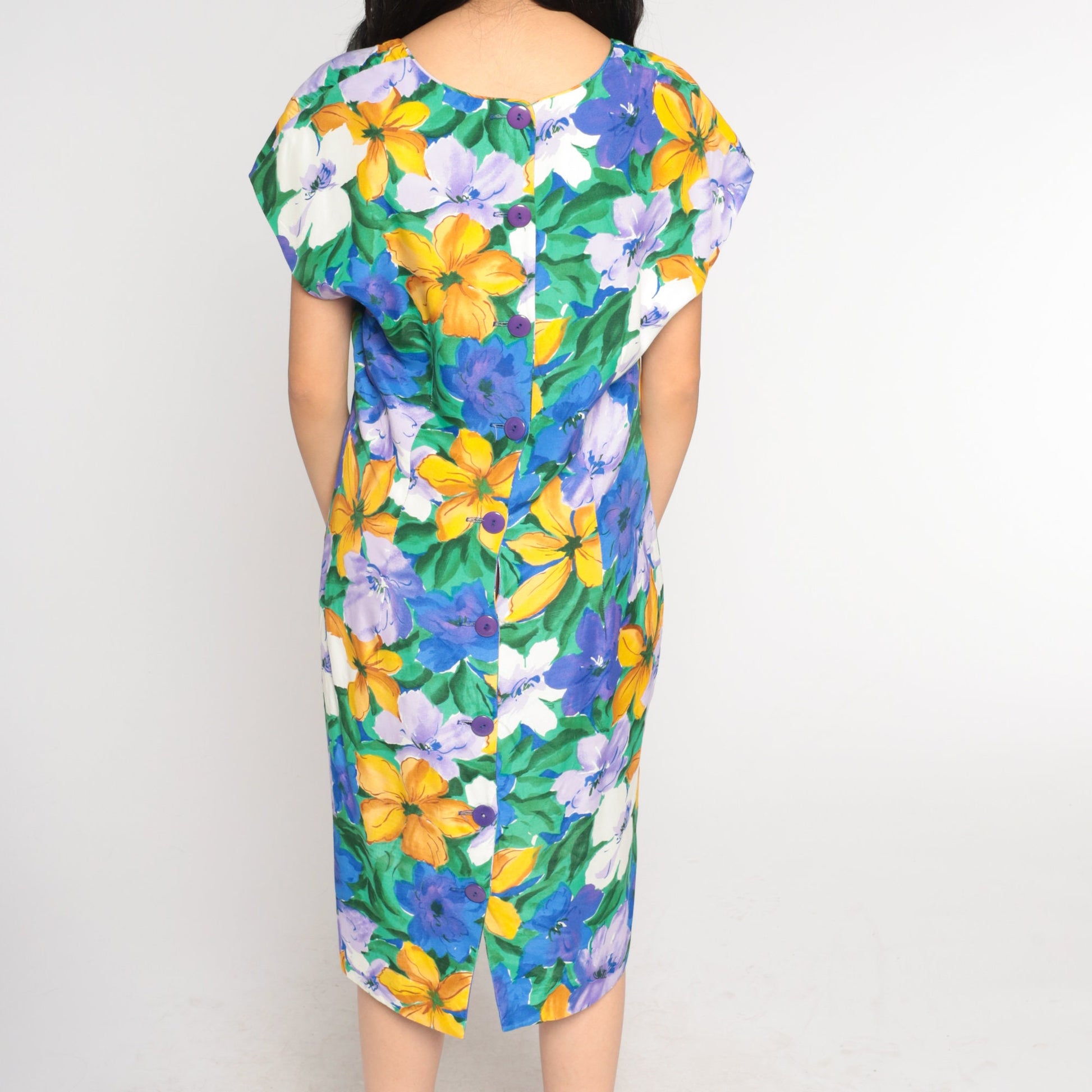 90s Floral Sheath Dress Knee Length Short Sleeve Watercolor Print Green Medium