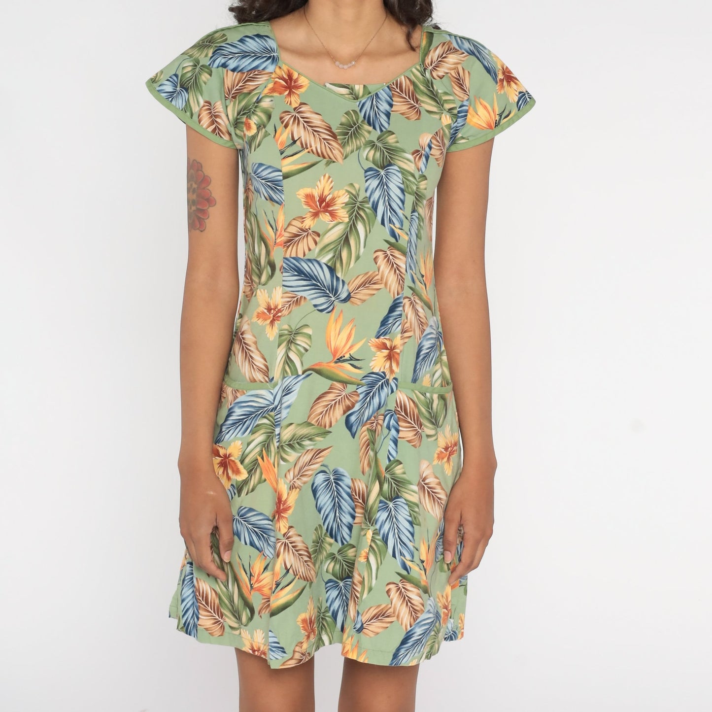 Y2K Tropical Floral Green Mini Dress Cap Sleeve Shift Cotton Extra Small