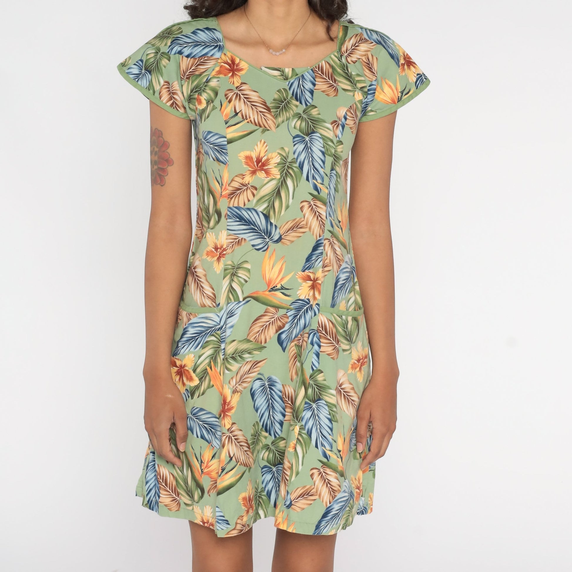 Y2K Tropical Floral Green Mini Dress Cap Sleeve Shift Cotton Extra Small