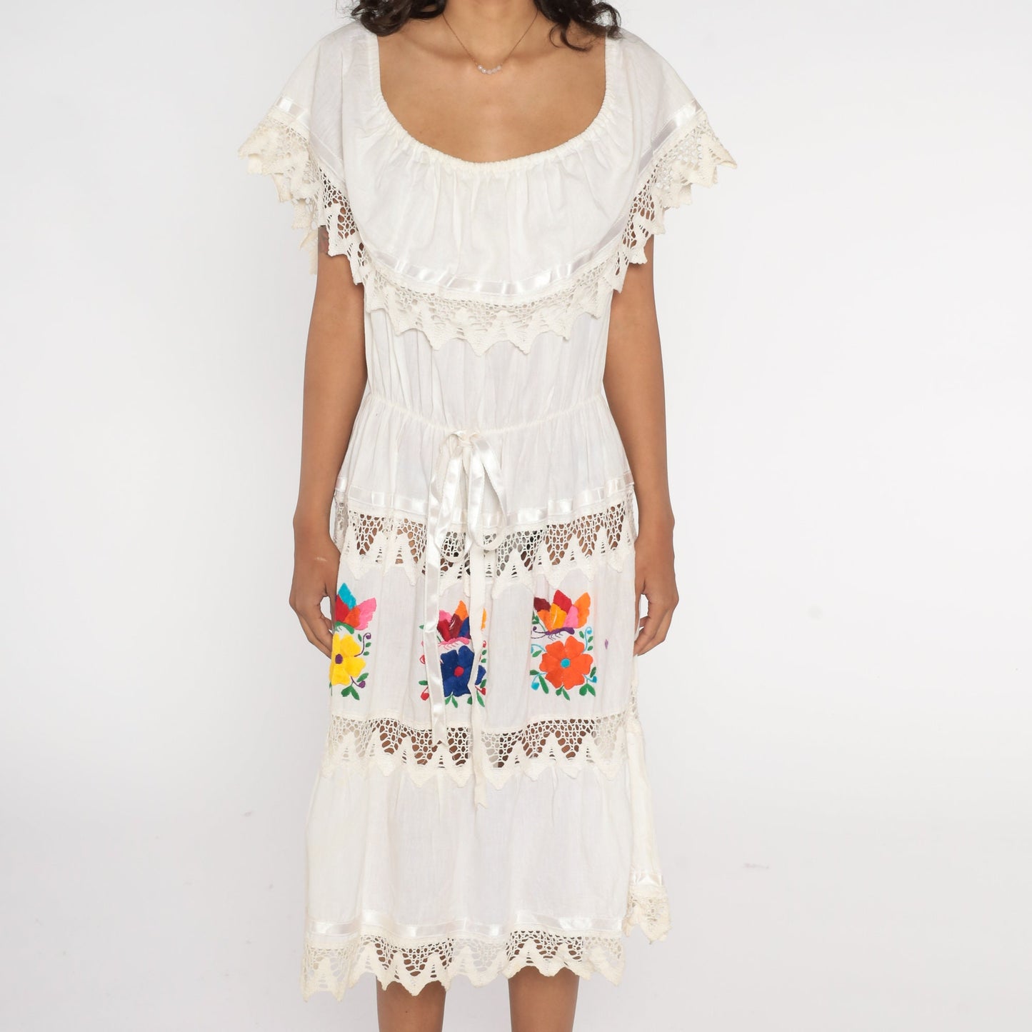 90s White Floral Embroidered Midi Dress Butterfly Lace Tiered Peasant Large