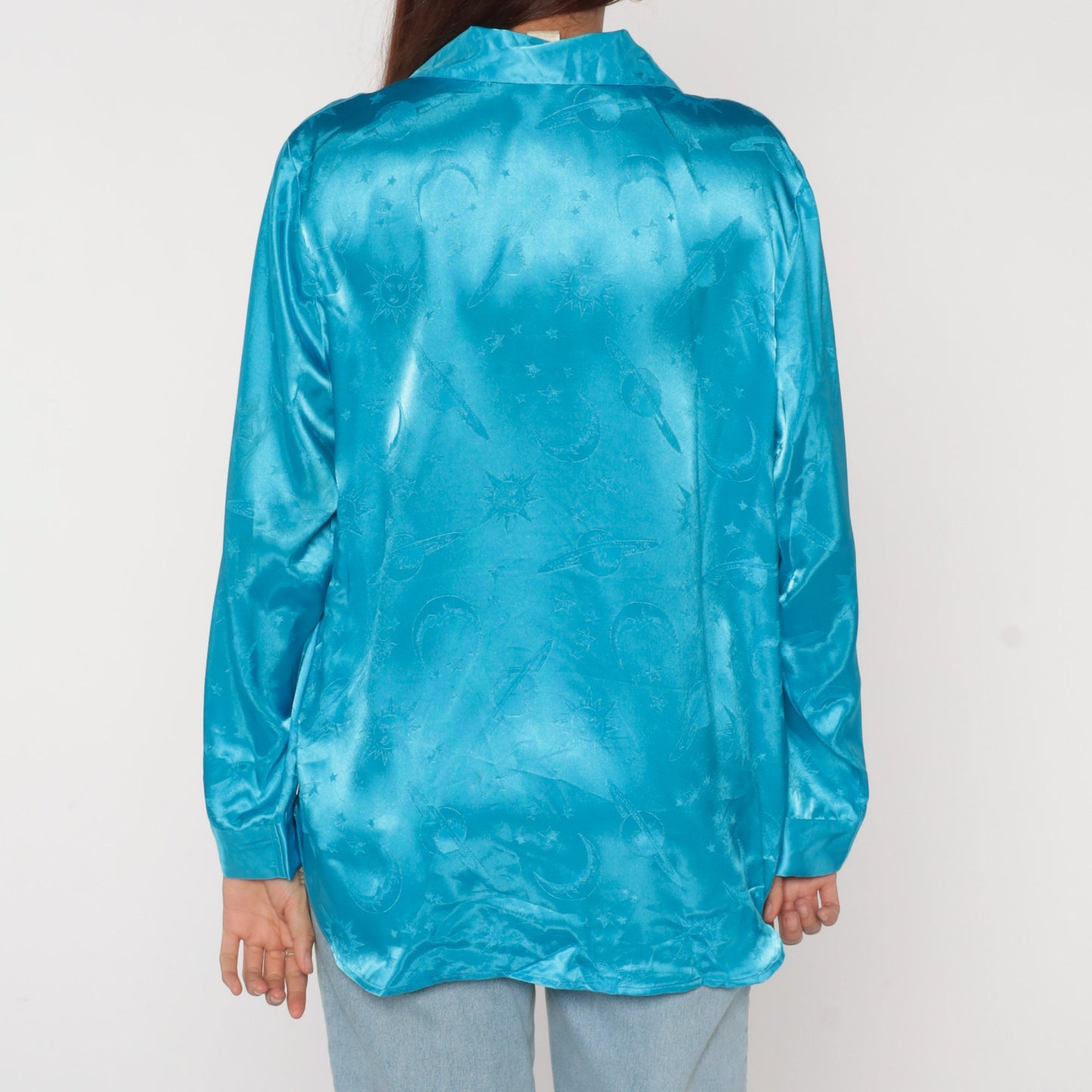 90s Celestial Pajama Top Bright Blue Satin Embossed Moon Stars Button Up Medium