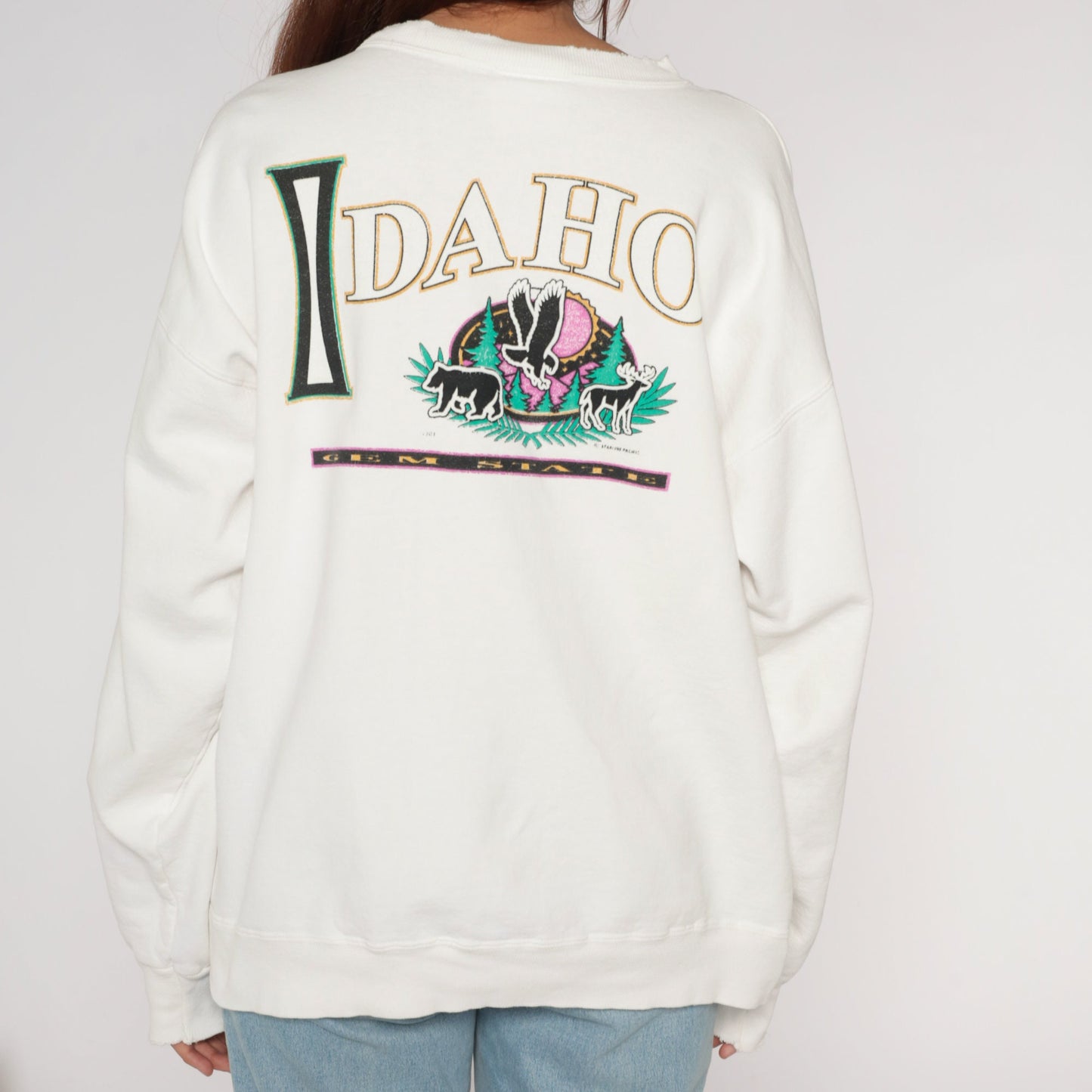 90s Idaho Gem State Wildlife Graphic Sweatshirt White Crewneck Large
