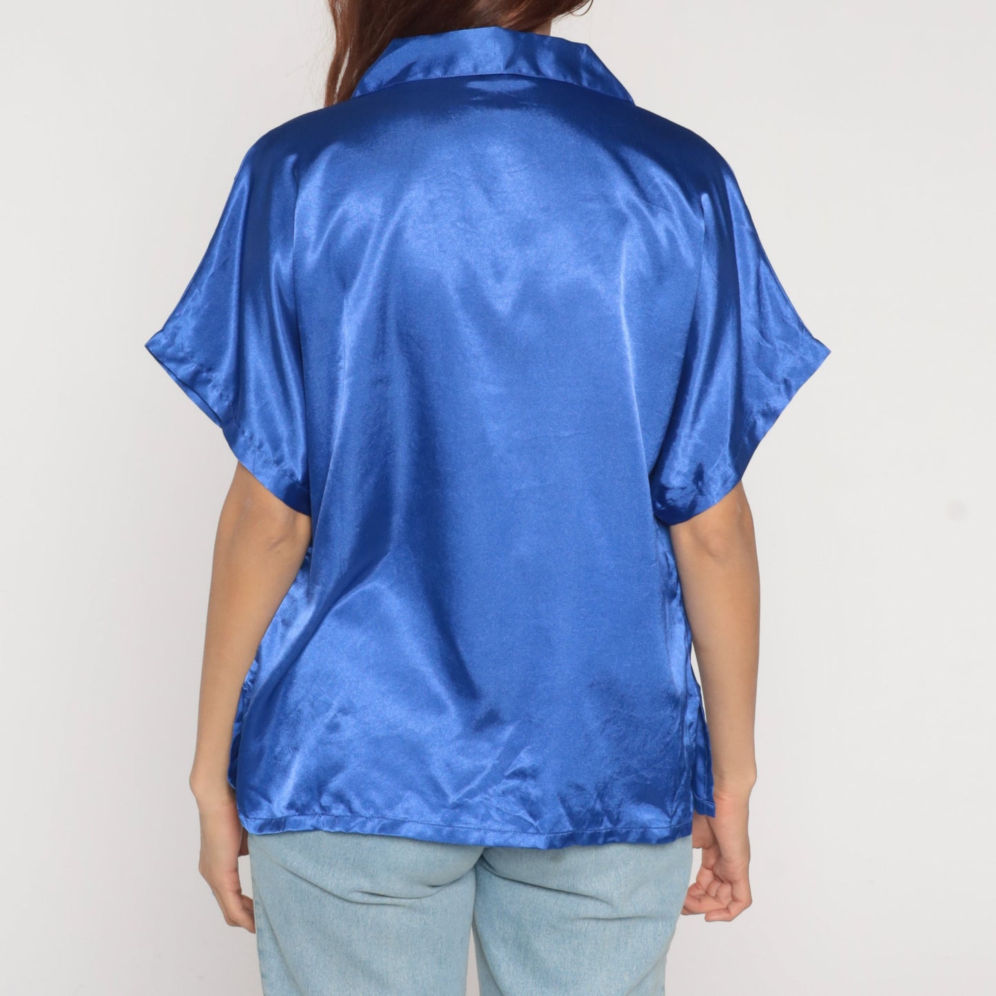 00s Blue Satin Button-Up Blouse Short Sleeve Shirt Large L