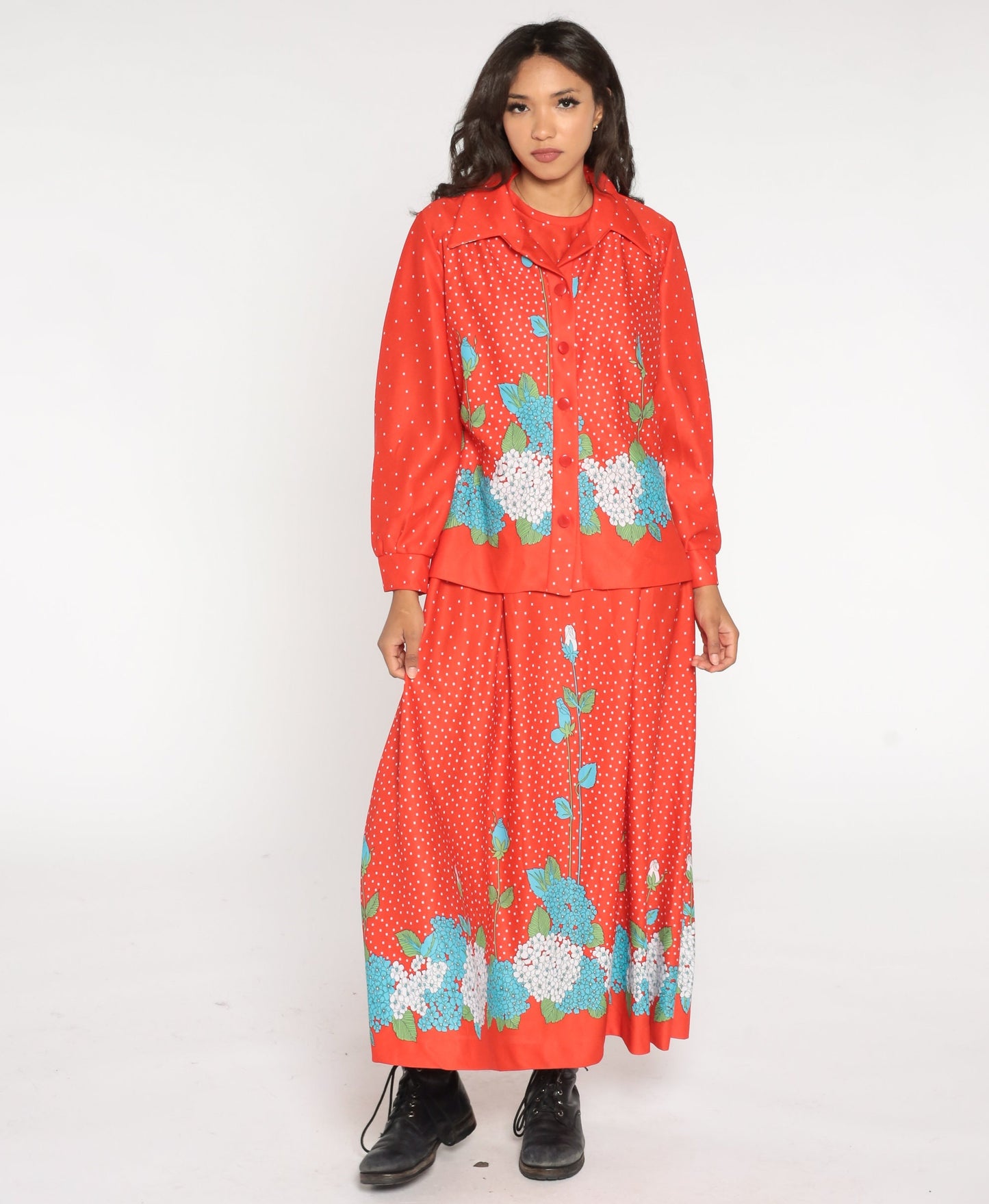 70s Red Floral Hydrangea Dot Print Maxi Dress Jacket Two Piece Set Large L