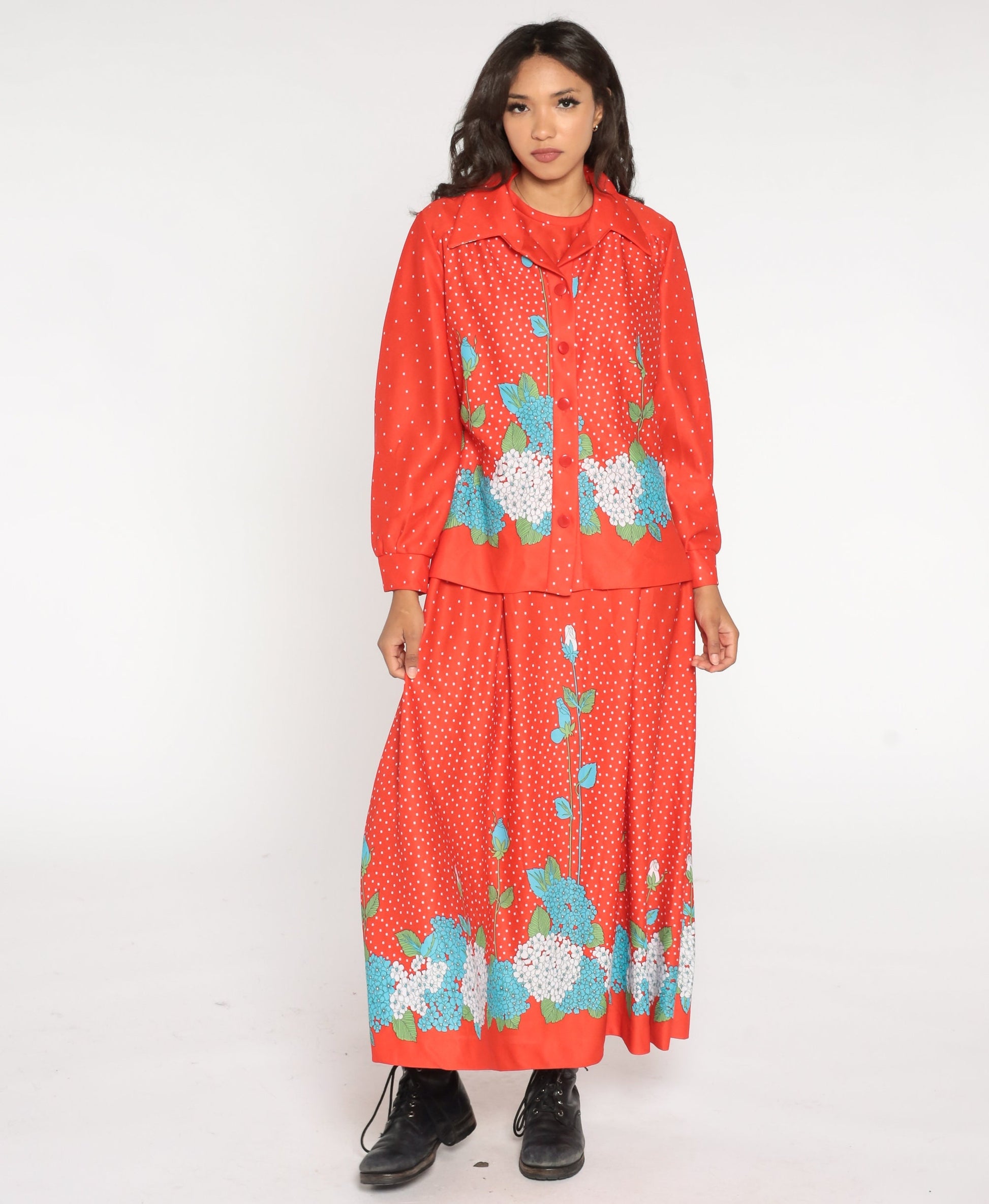70s Red Floral Hydrangea Dot Print Maxi Dress Jacket Two Piece Set Large L