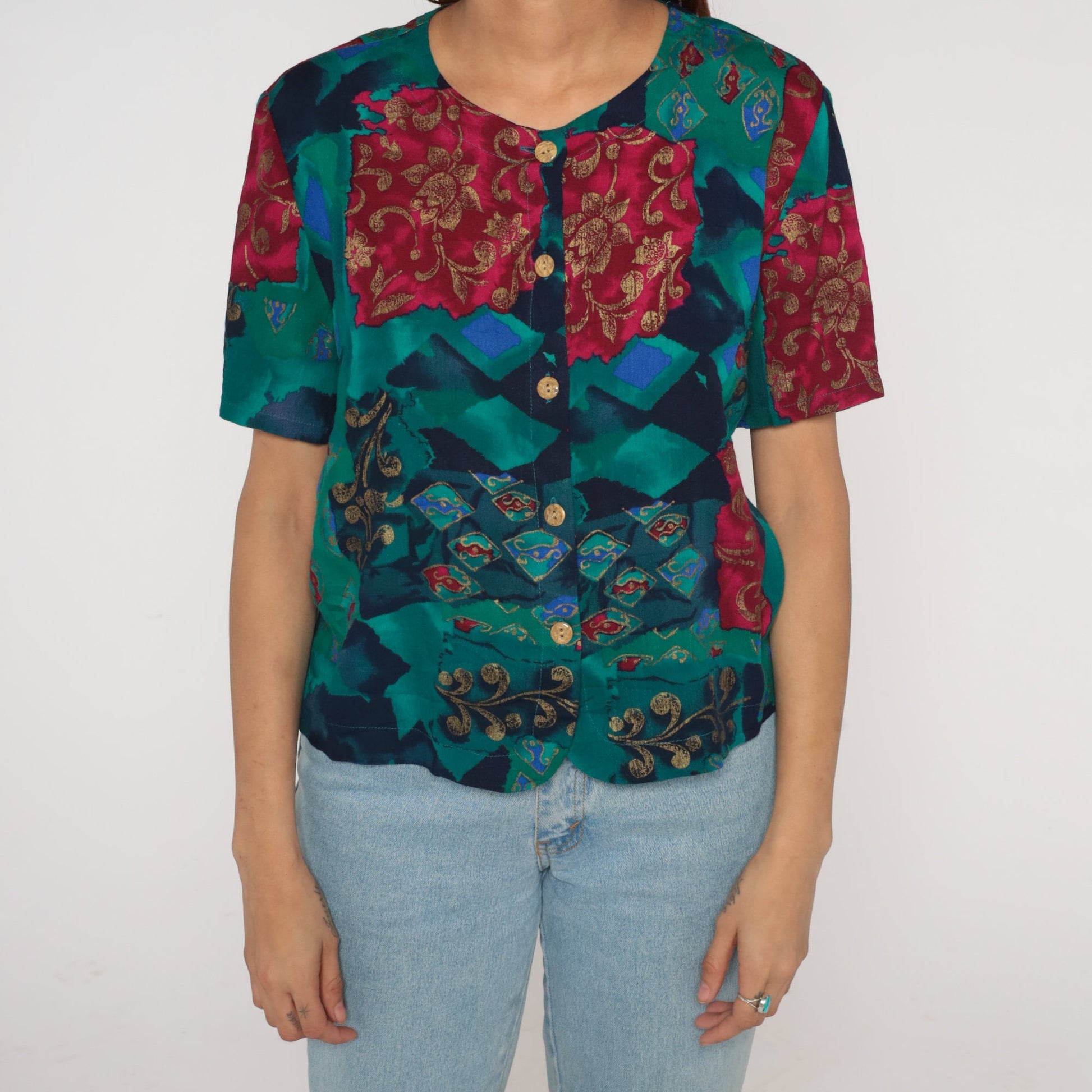 90s Fritzie Abstract Floral Geometric Button-Up Blouse Short Sleeve Small