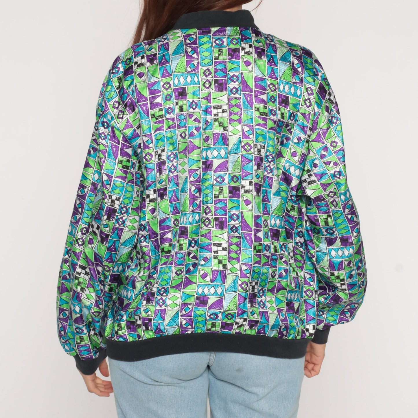 90s Geometric Bomber Jacket Blue Green Purple Zip Windbreaker Men's Medium