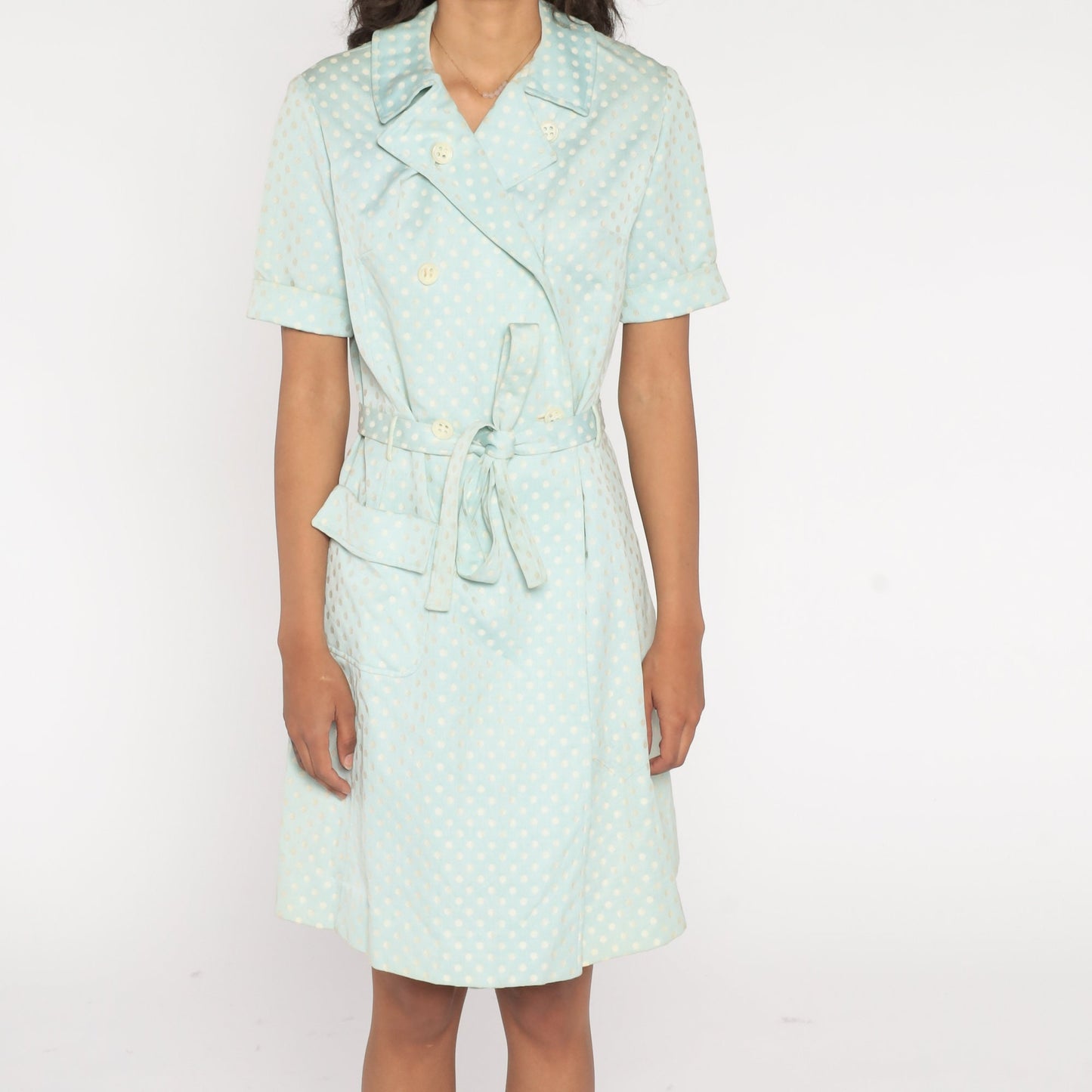 60s Baby Blue Polka Dot Mini Dress Double Breasted Button Up High Waist Medium