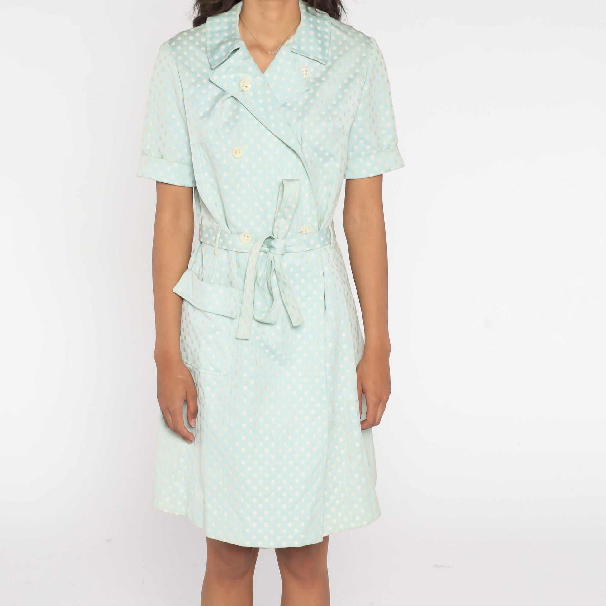 60s Baby Blue Polka Dot Mini Dress Double Breasted Button Up High Waist Medium