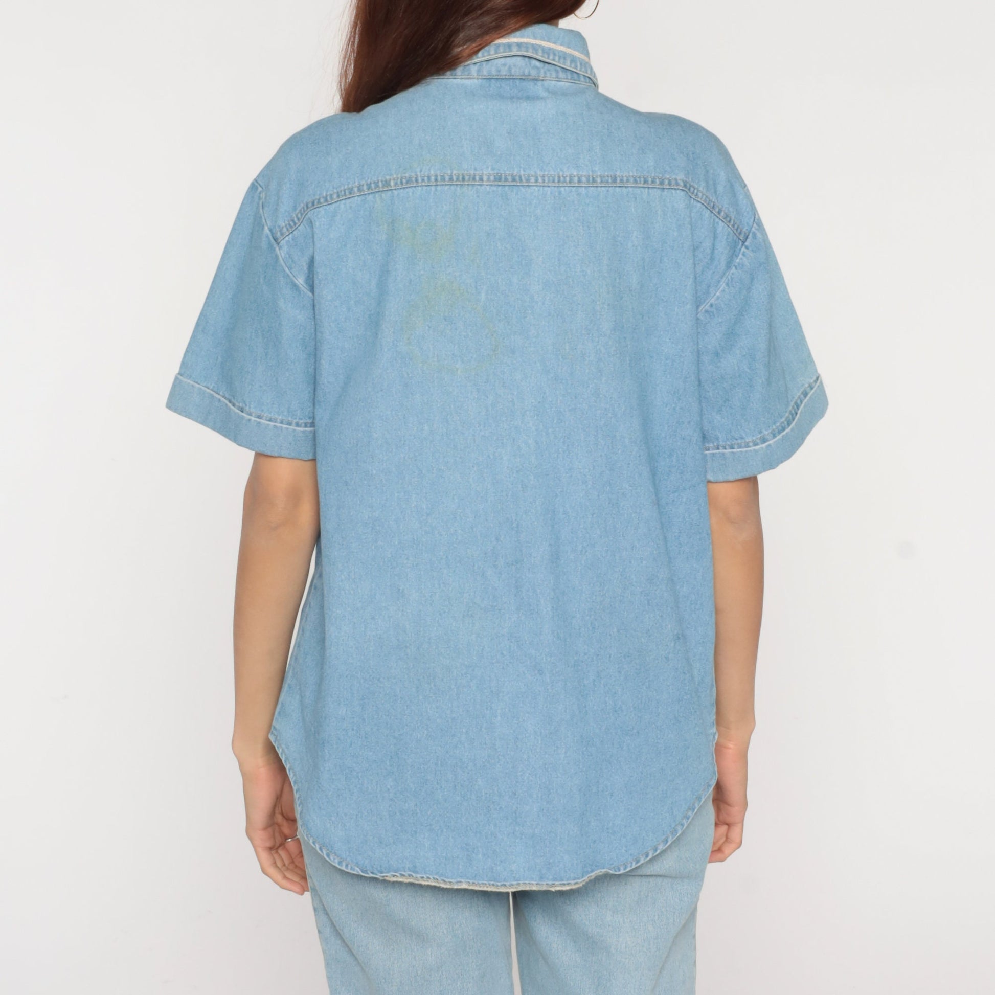 90s Blue Denim Shirt Studded Geometric Swirl Print Button-Up Medium