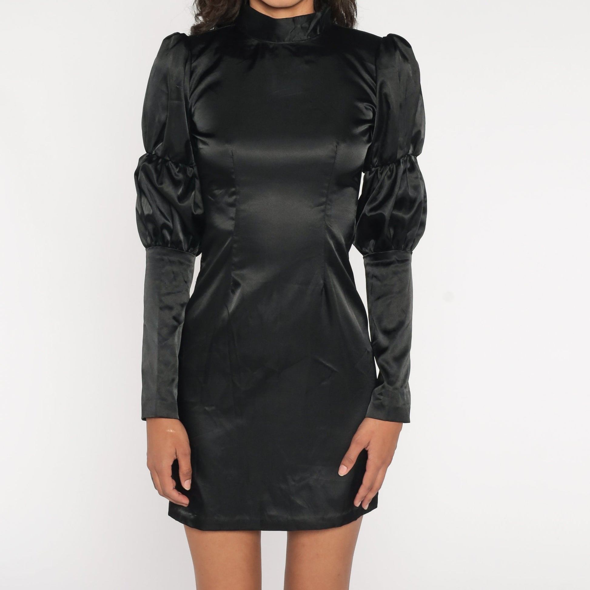70s Black Satin Mini Dress Puff Sleeve Mock Neck Keyhole Extra Small