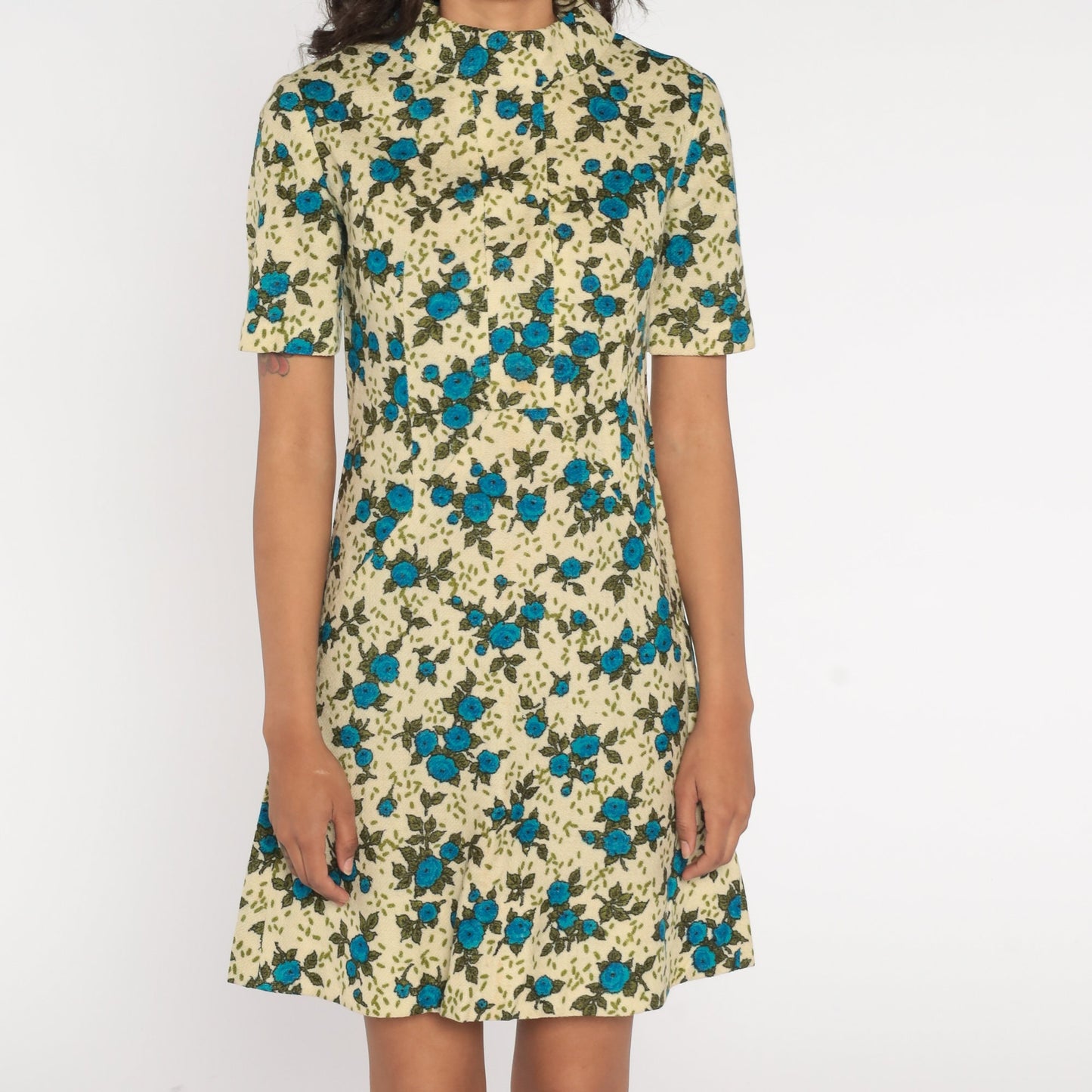 60s Floral Wool Blend Mini Dress Mock Neck A-Line Short Sleeve Cream Blue Extra Small