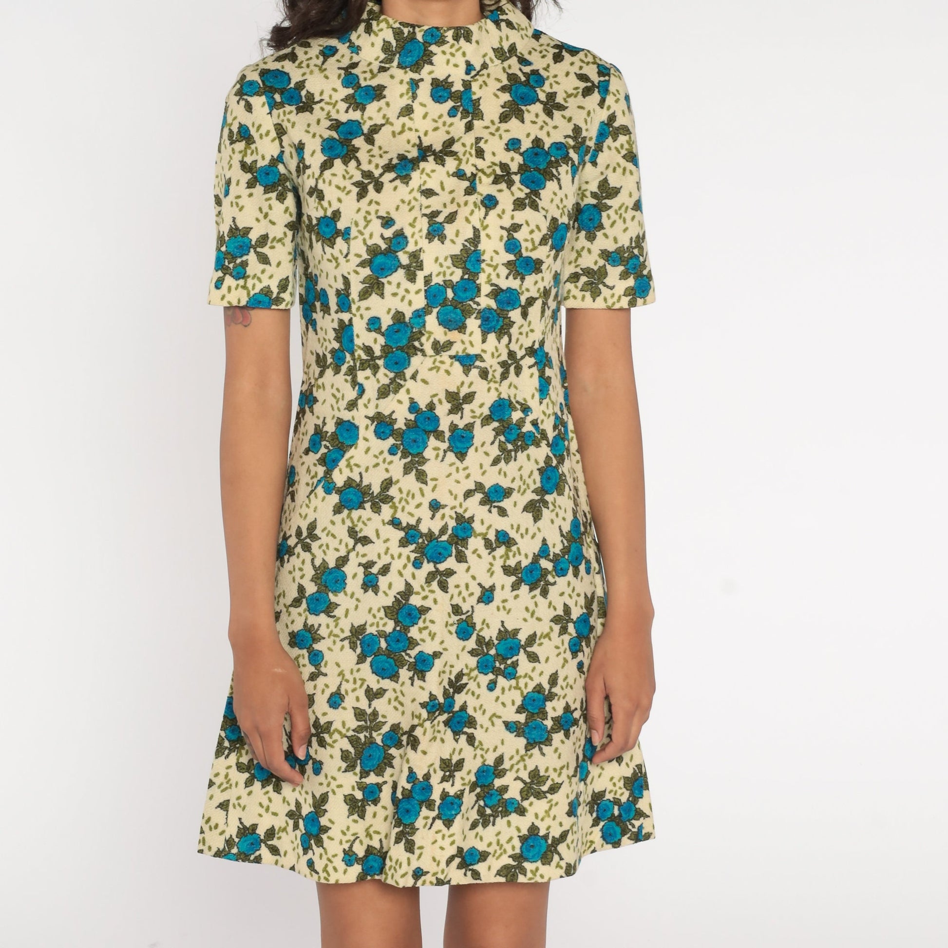 60s Floral Wool Blend Mini Dress Mock Neck A-Line Short Sleeve Cream Blue Extra Small