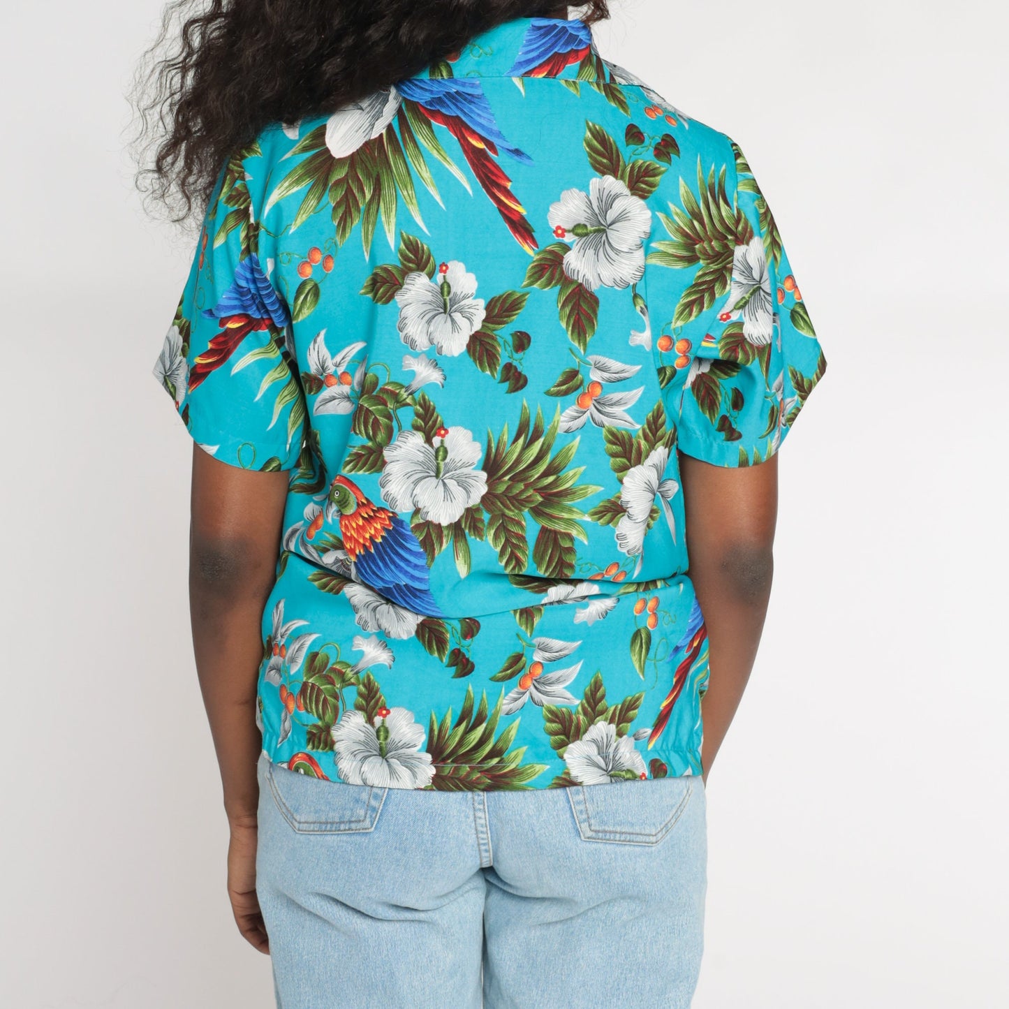 Y2K Blue Hawaiian Button-Up Shirt Parrot Tropical Floral Print Small S