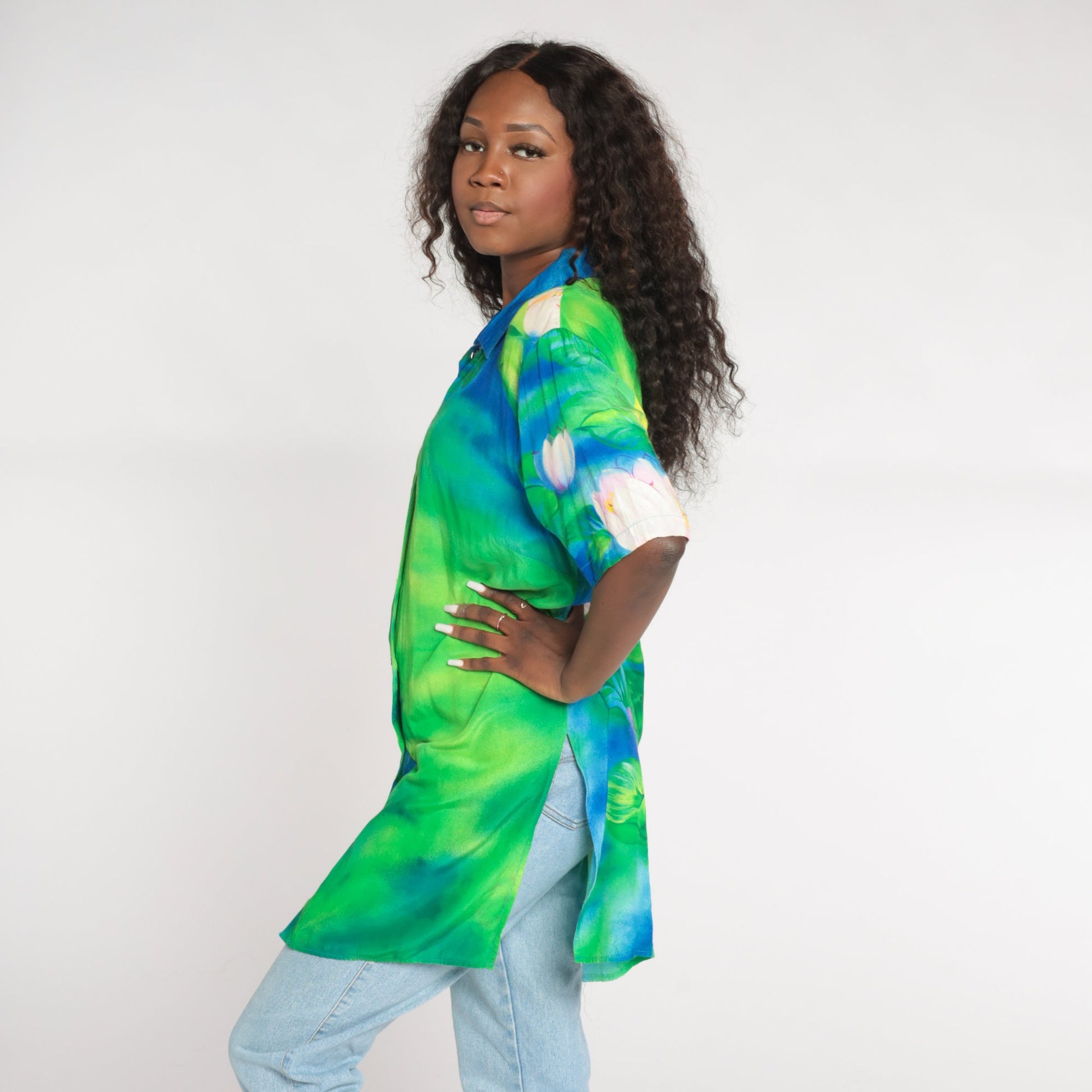 Y2K Water Lily Floral Button Up Blouse Blue Green Pink Short Sleeve Medium Large