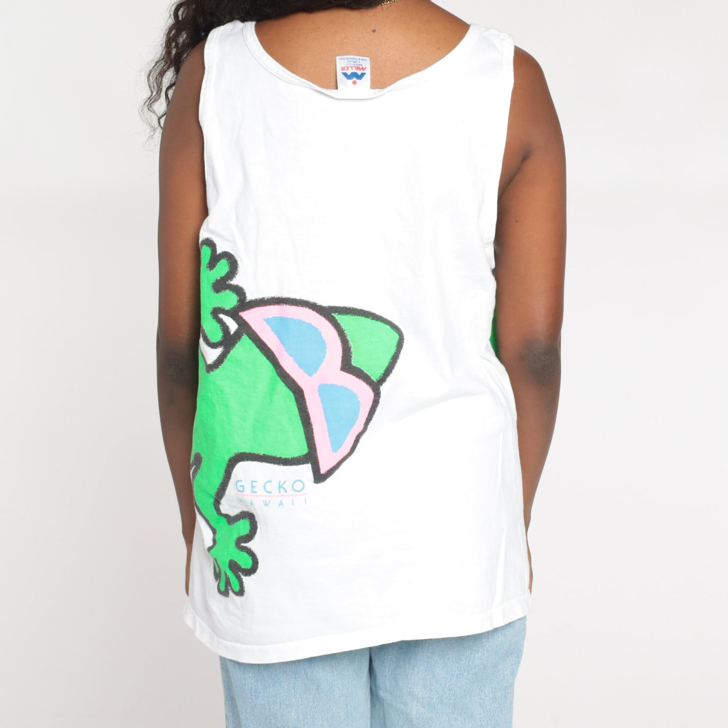 90s Gecko Hawaii Tank Top White Graphic Lizard Sleeveless Tee Large