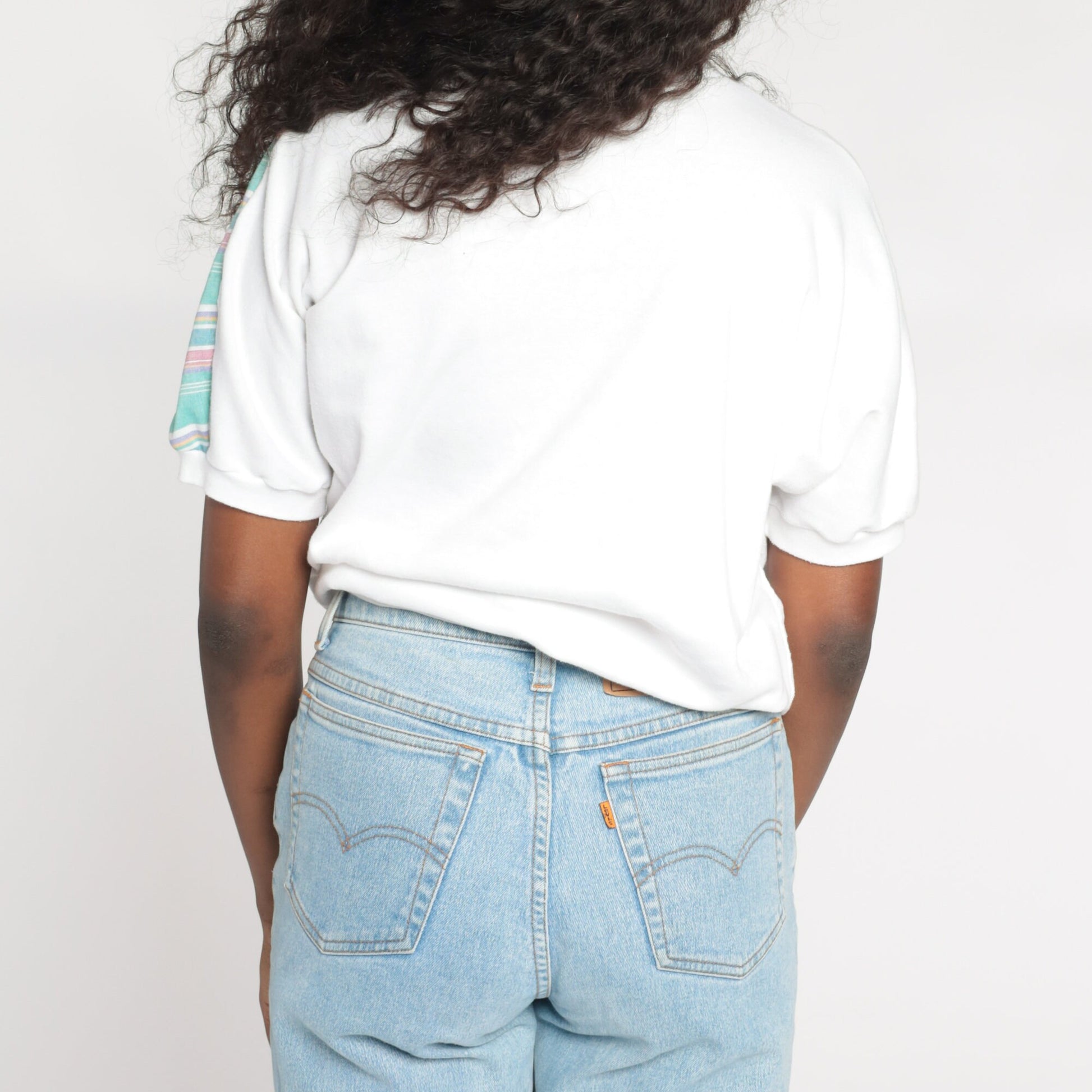90s Floral Striped Colour Block Ribbed Shirt White Green Medium M