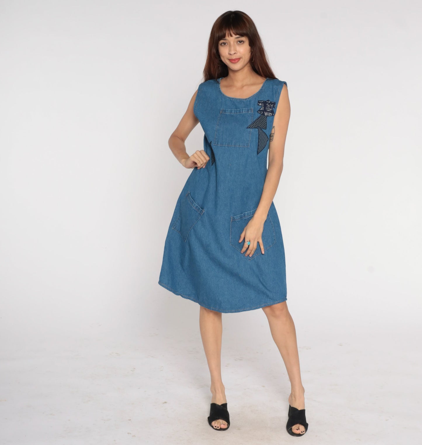 90s Blue Denim Midi Dress Asian Patch Sleeveless Flared Medium M