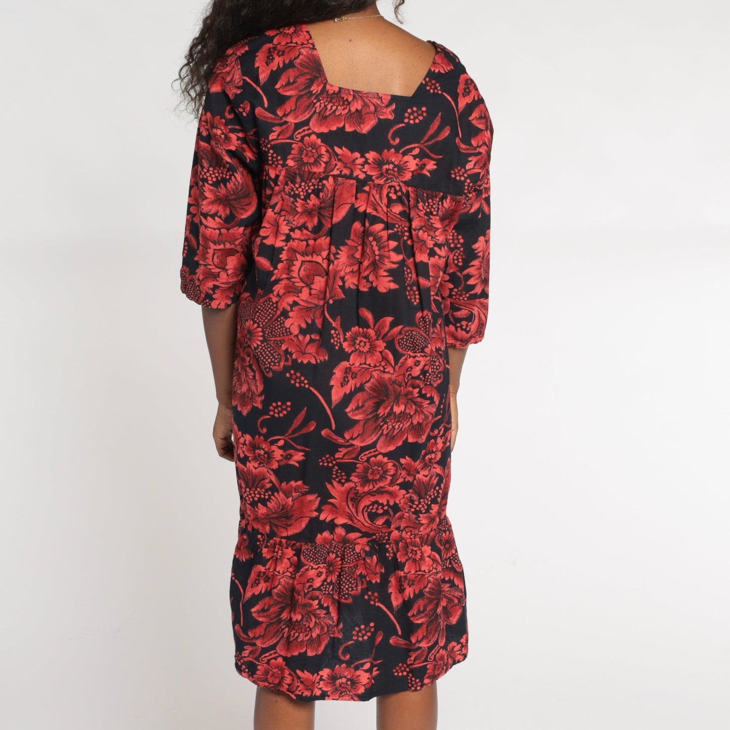 90s Black Red Floral Tent Dress Knee Length Cotton 3/4 Sleeve Medium M