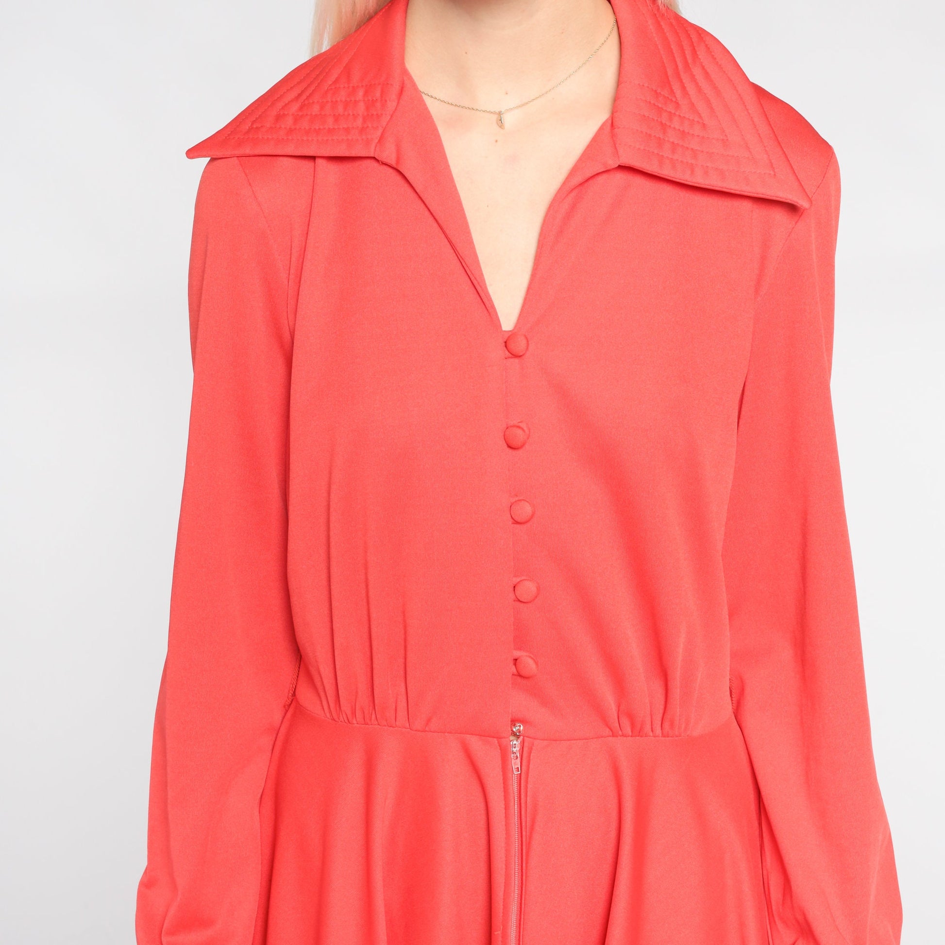 70s Red Mini Dress Dagger Collar Button-Up High Waisted Long Sleeve Medium M
