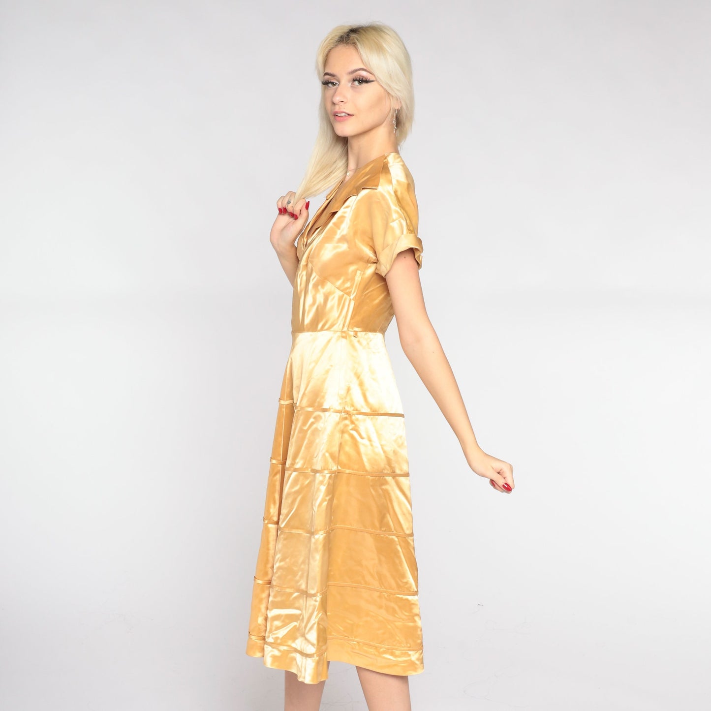 1940s Gold Silk Satin Midi Dress V-Neck Collared Short Sleeve Small S