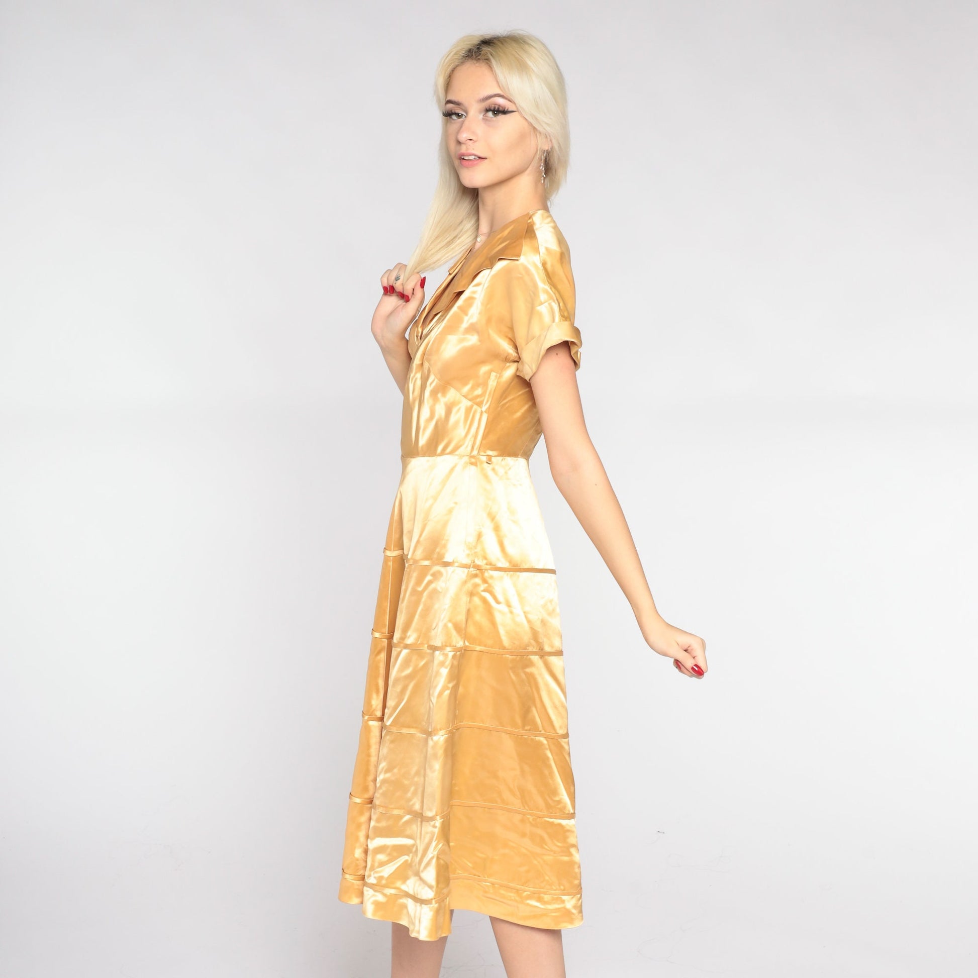 1940s Gold Silk Satin Midi Dress V-Neck Collared Short Sleeve Small S