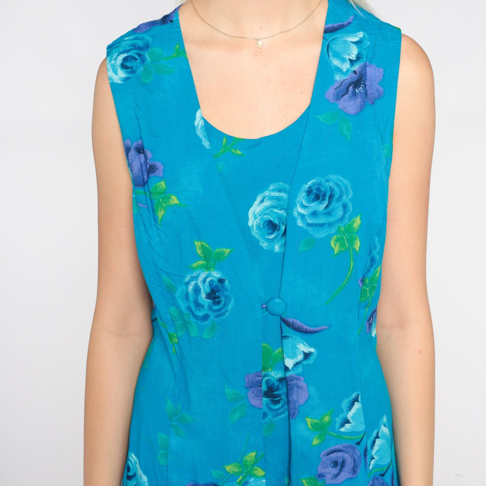 90s Blue Floral Mini Dress Sleeveless A-Line Scoop Neck Large Petite