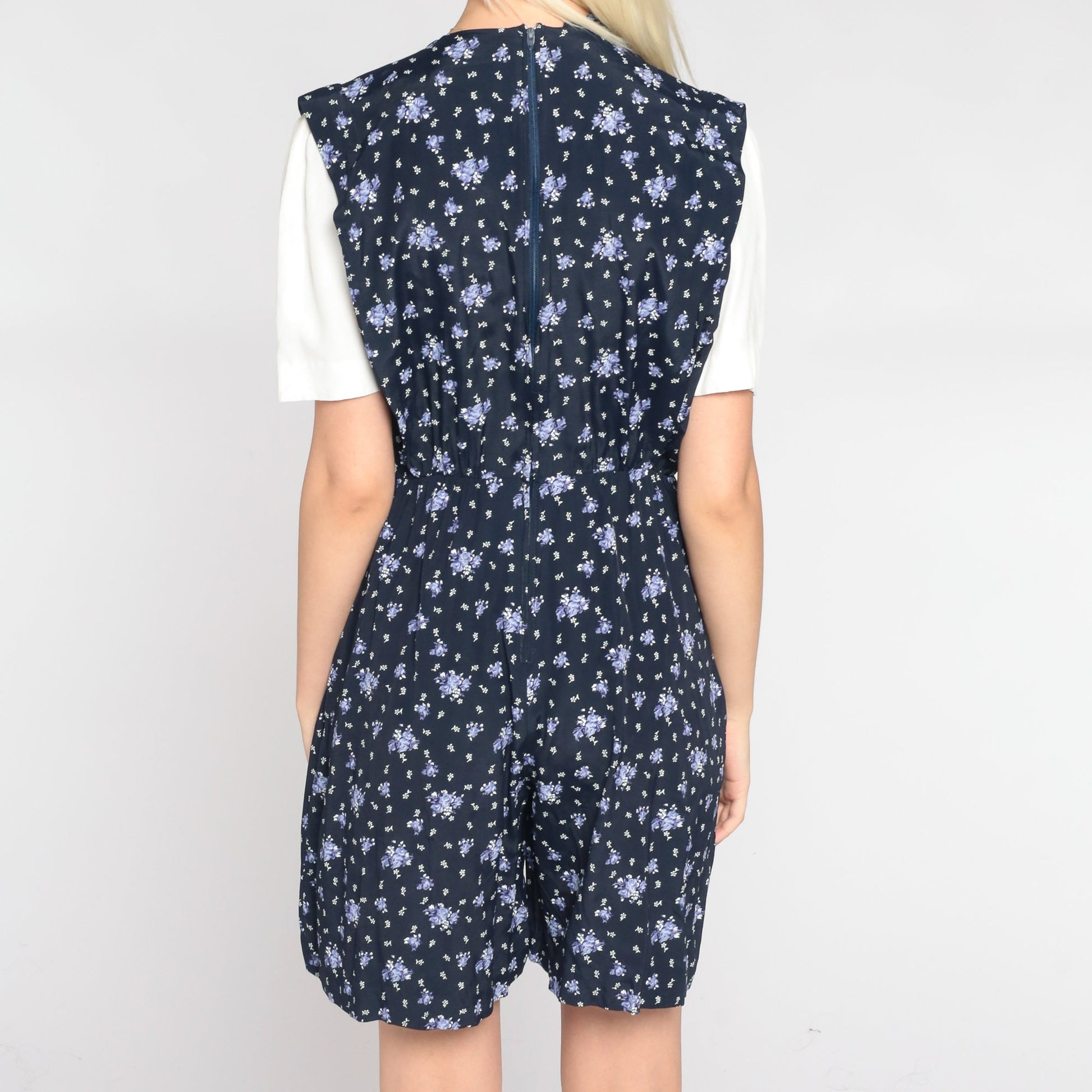 90s Floral Navy Blue Romper White Layered Short Sleeve Wide Leg Small