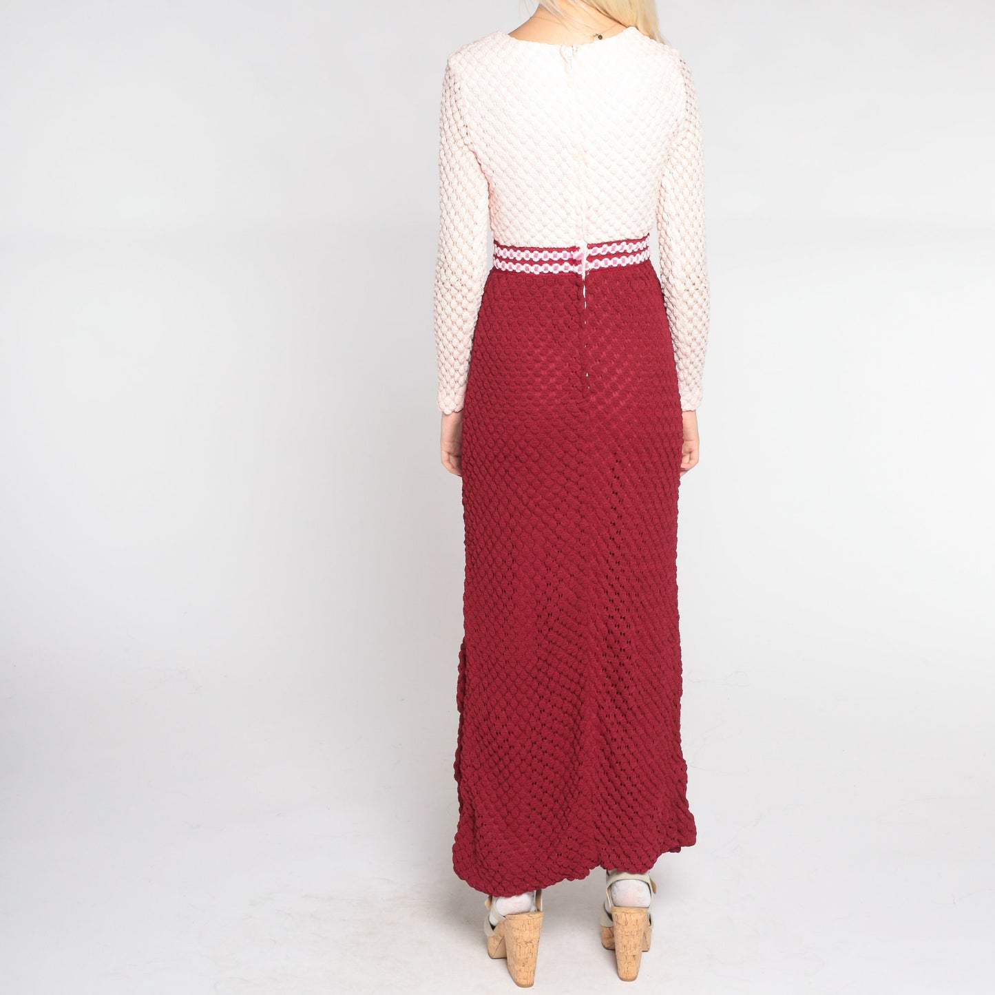 70s Crochet Maxi Dress Burgundy White High Waist Long Sleeve Small