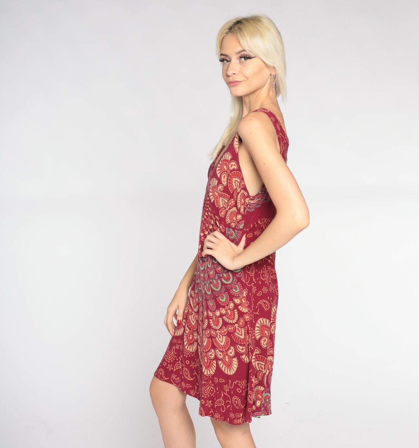 90s Red Mandala Floral Mini Dress V-Neck Empire Waist Sleeveless Large L
