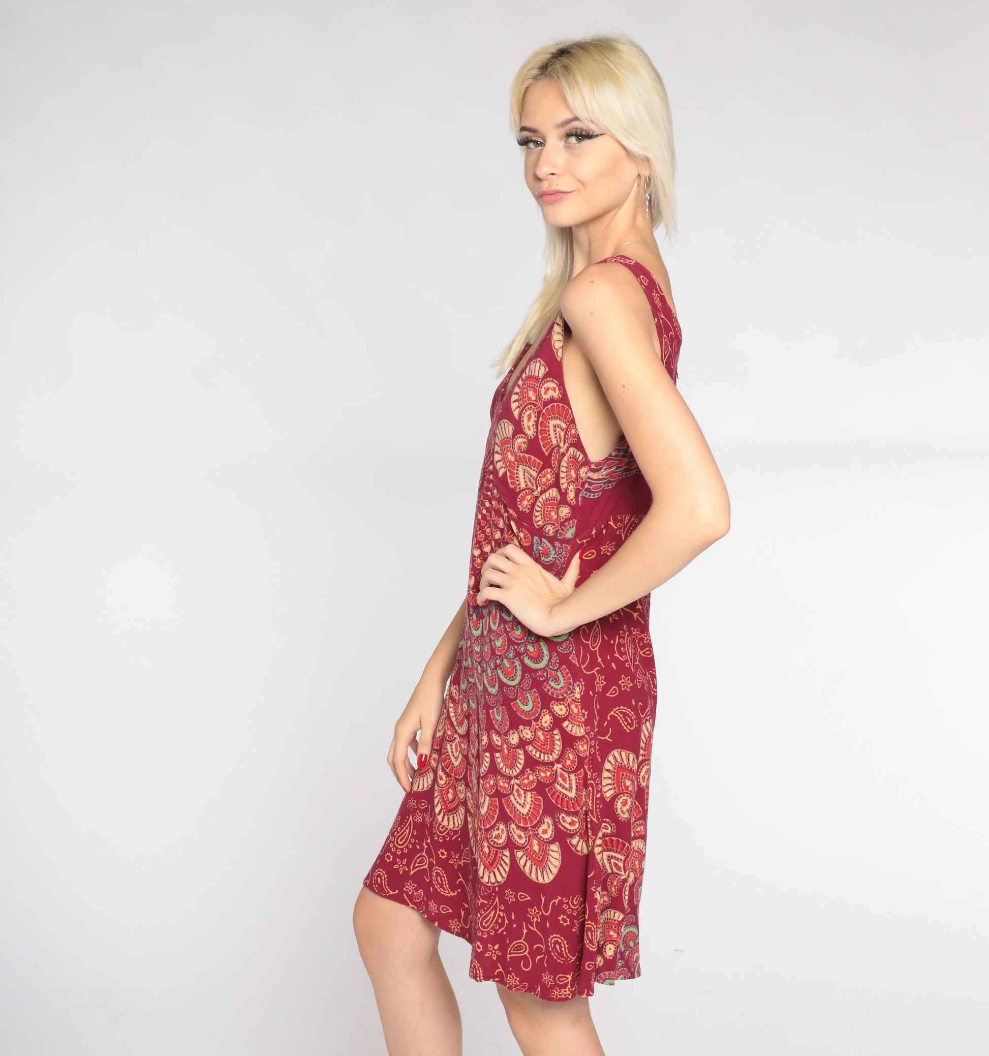 90s Red Mandala Floral Mini Dress V-Neck Empire Waist Sleeveless Large L
