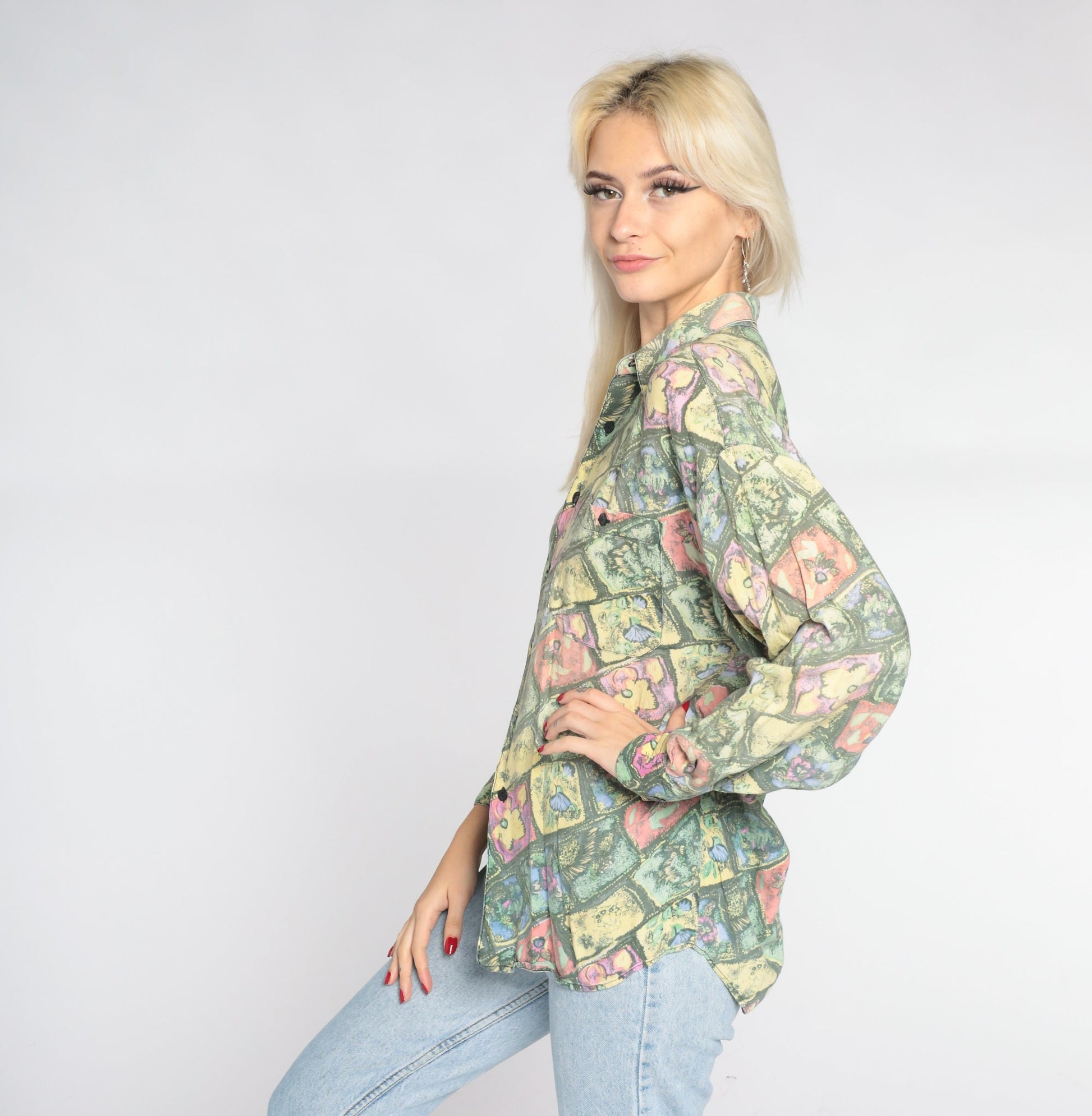 90s Abstract Floral Button-Up Shirt Long Sleeve Collared Green Yellow Pink Medium
