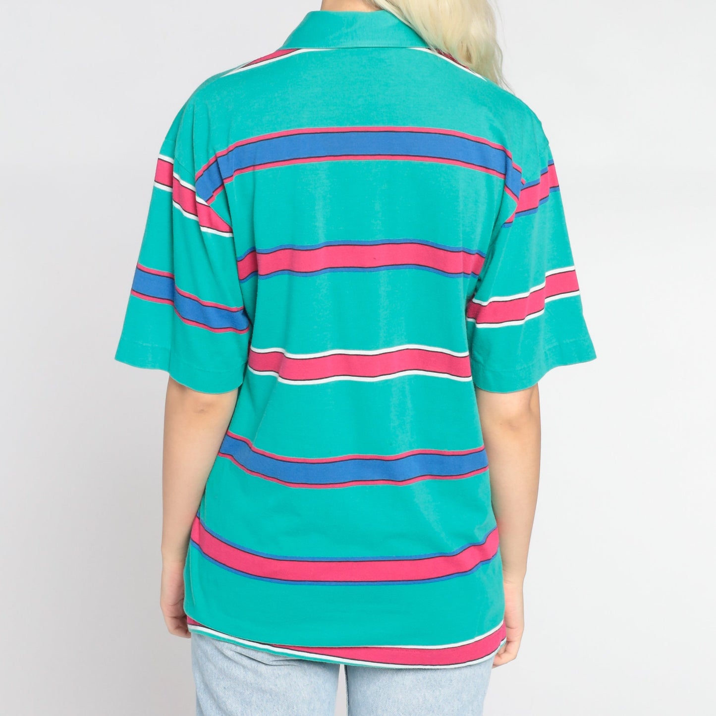 90s Green Striped Polo Shirt Pink Blue Stripes Collared Short Sleeve Small