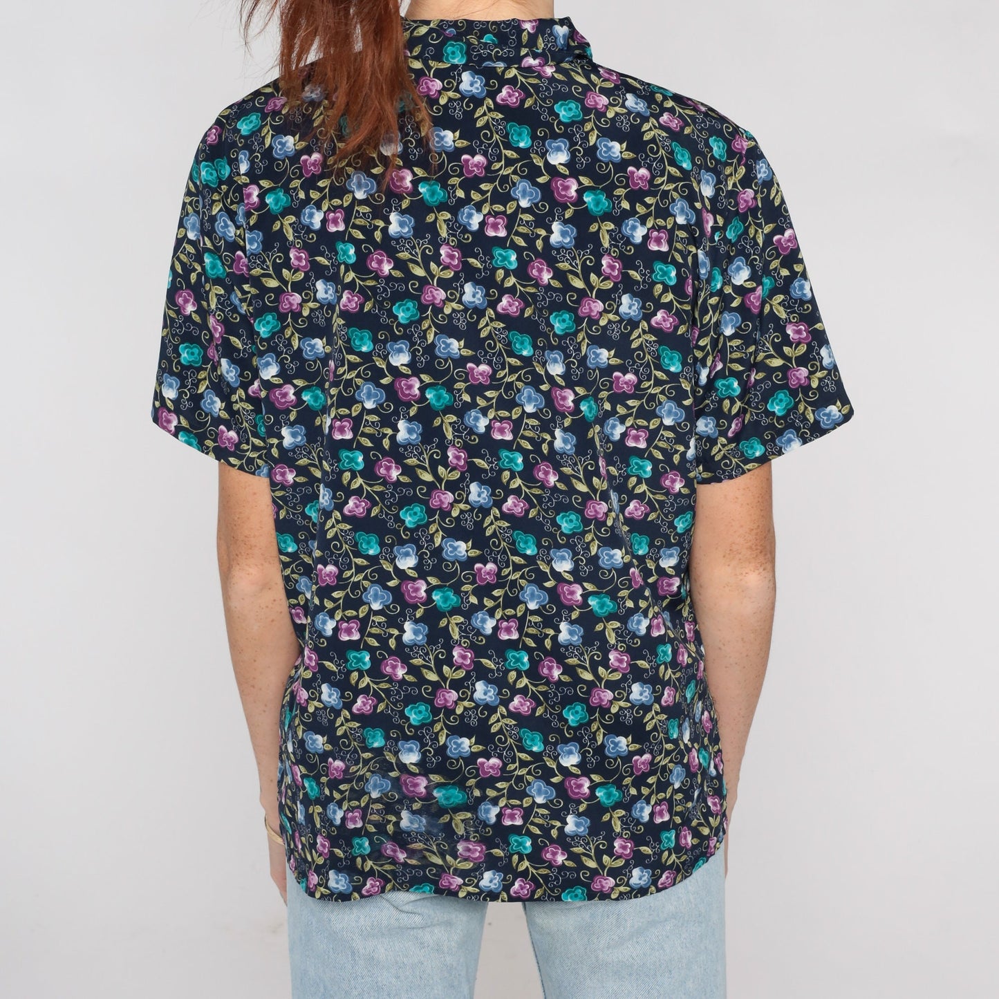 00s Floral Button Up Blouse Navy Short Sleeve Shoulder Pad Top Medium