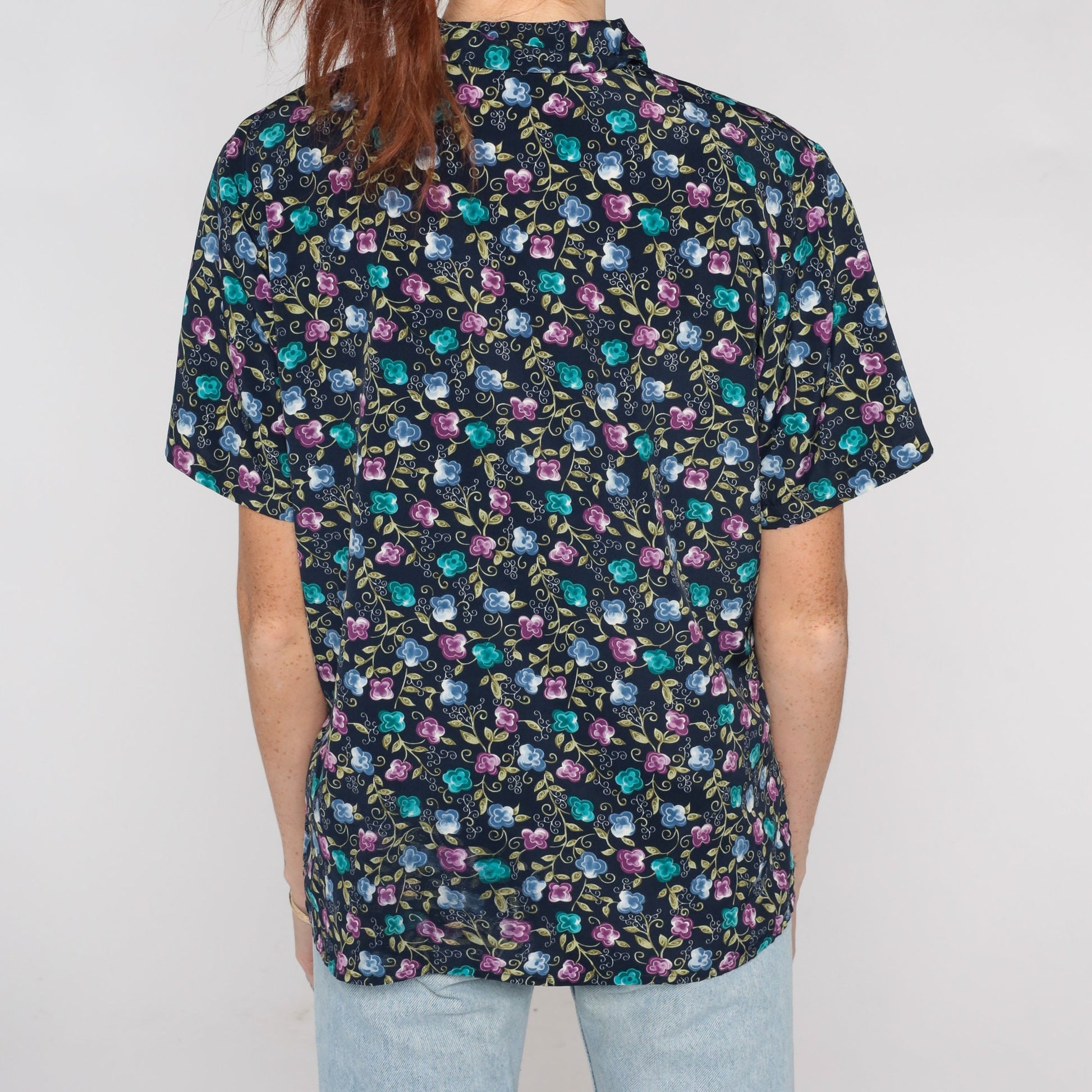 00s Floral Button Up Blouse Navy Short Sleeve Shoulder Pad Top Medium