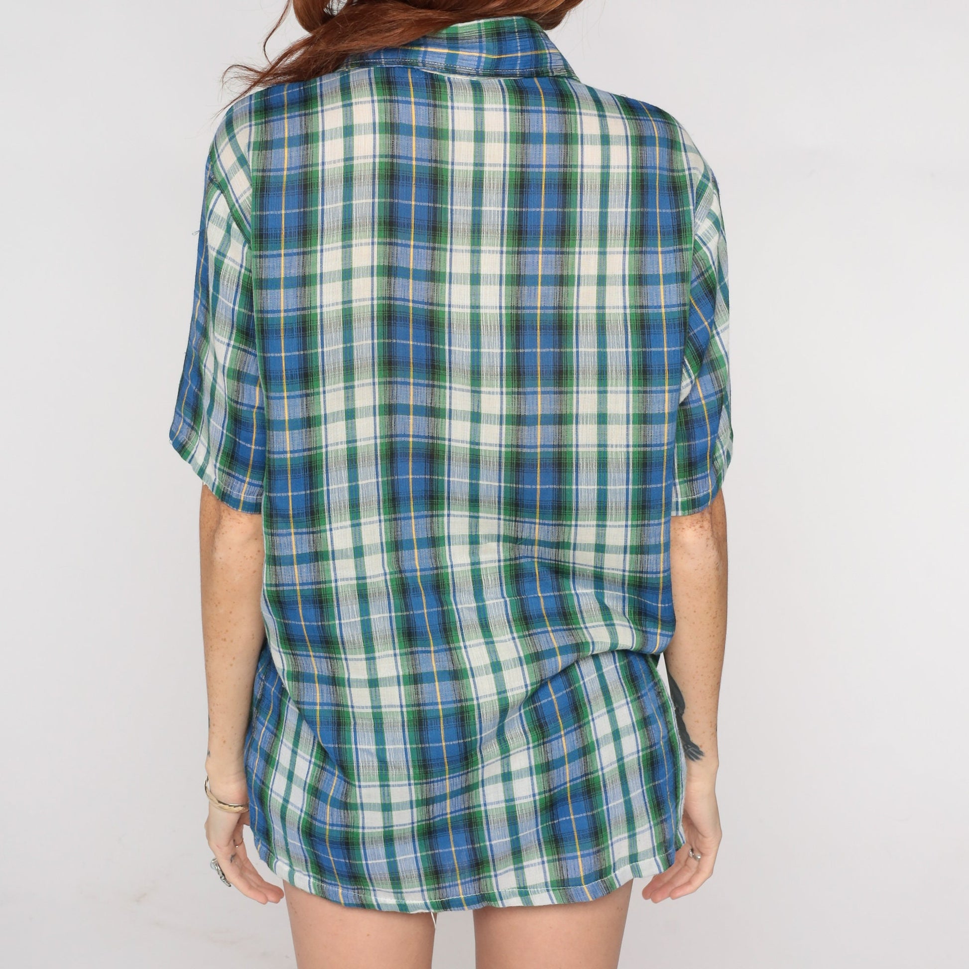 70s Blue Plaid Button-Up Shirt Green White Pointed Collar Short Sleeve Large