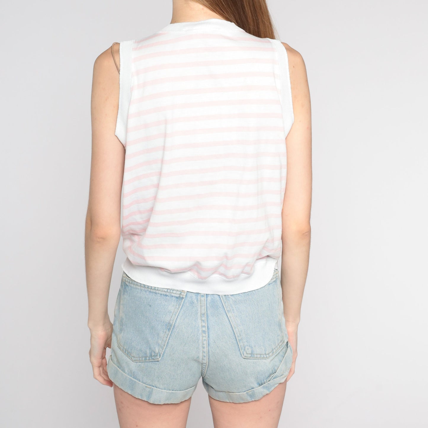 80s Pink White Striped Tank Top Cotton Henley Pocket Small