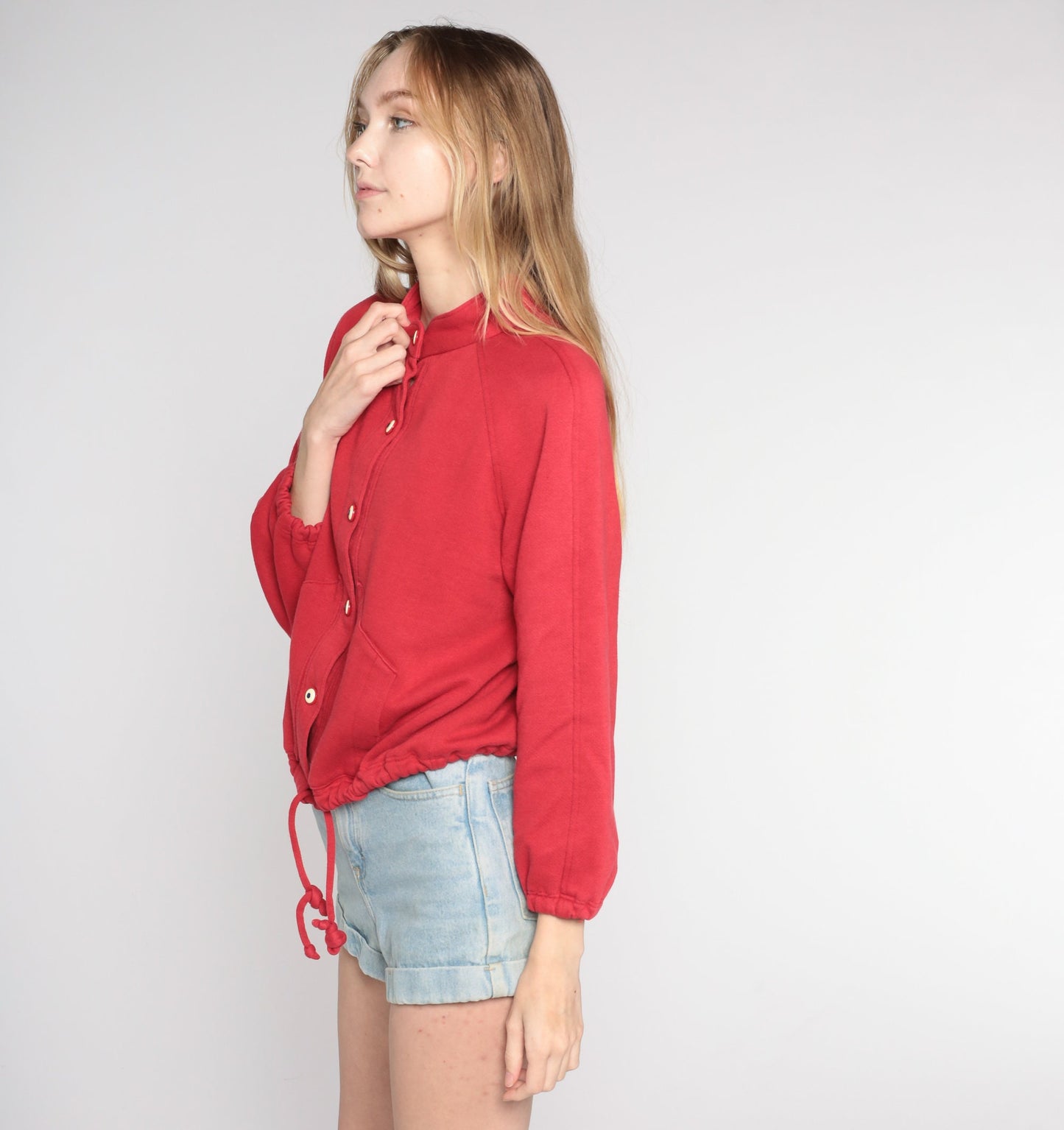 90s Red Cardigan Sweatshirt High Neck Raglan Button Up Small S