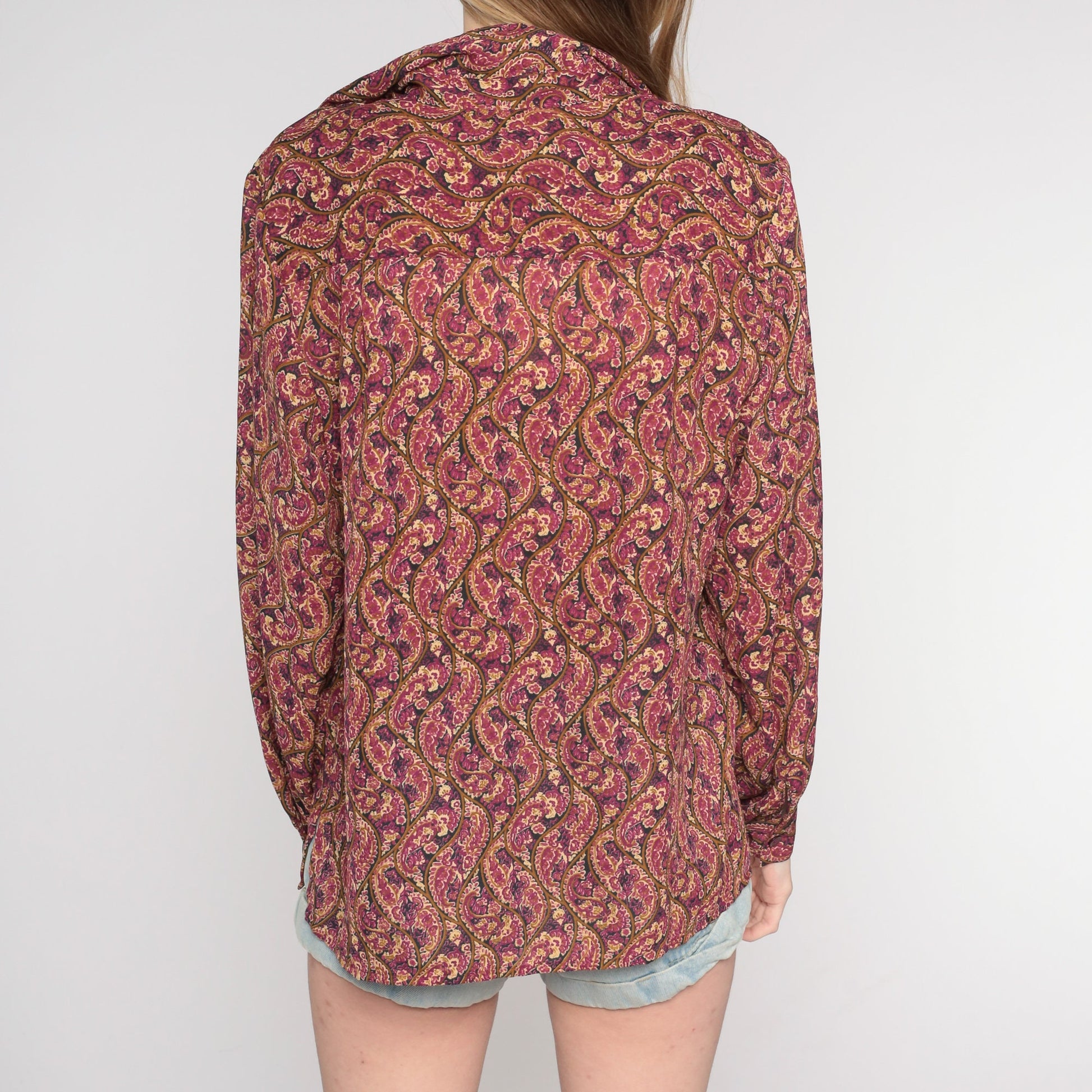 90s Paisley Button-Up Blouse Long Sleeve Purple Pink Tan Medium