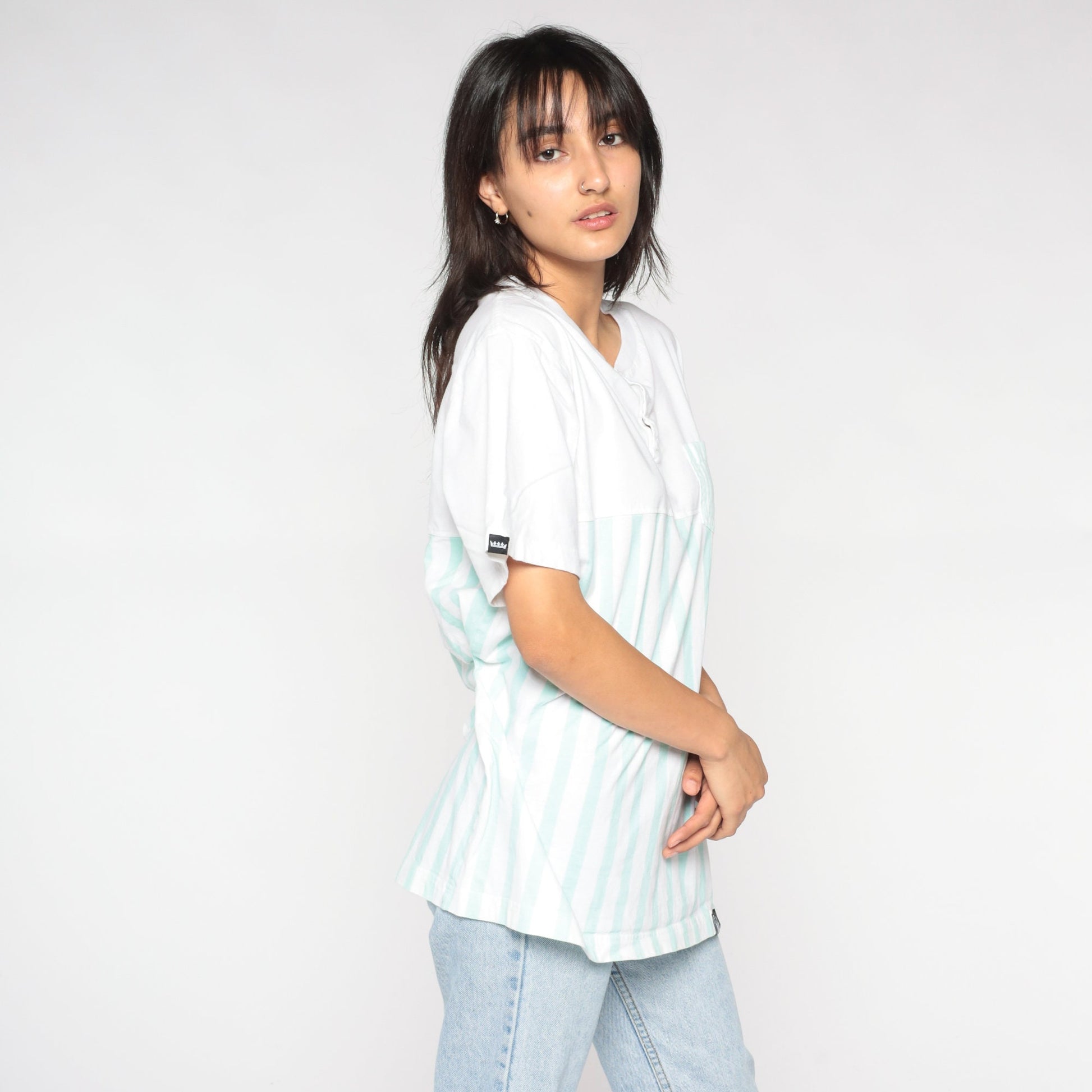90s Striped Henley Shirt White Mint Green Short Sleeve Button Pocket Tee Large