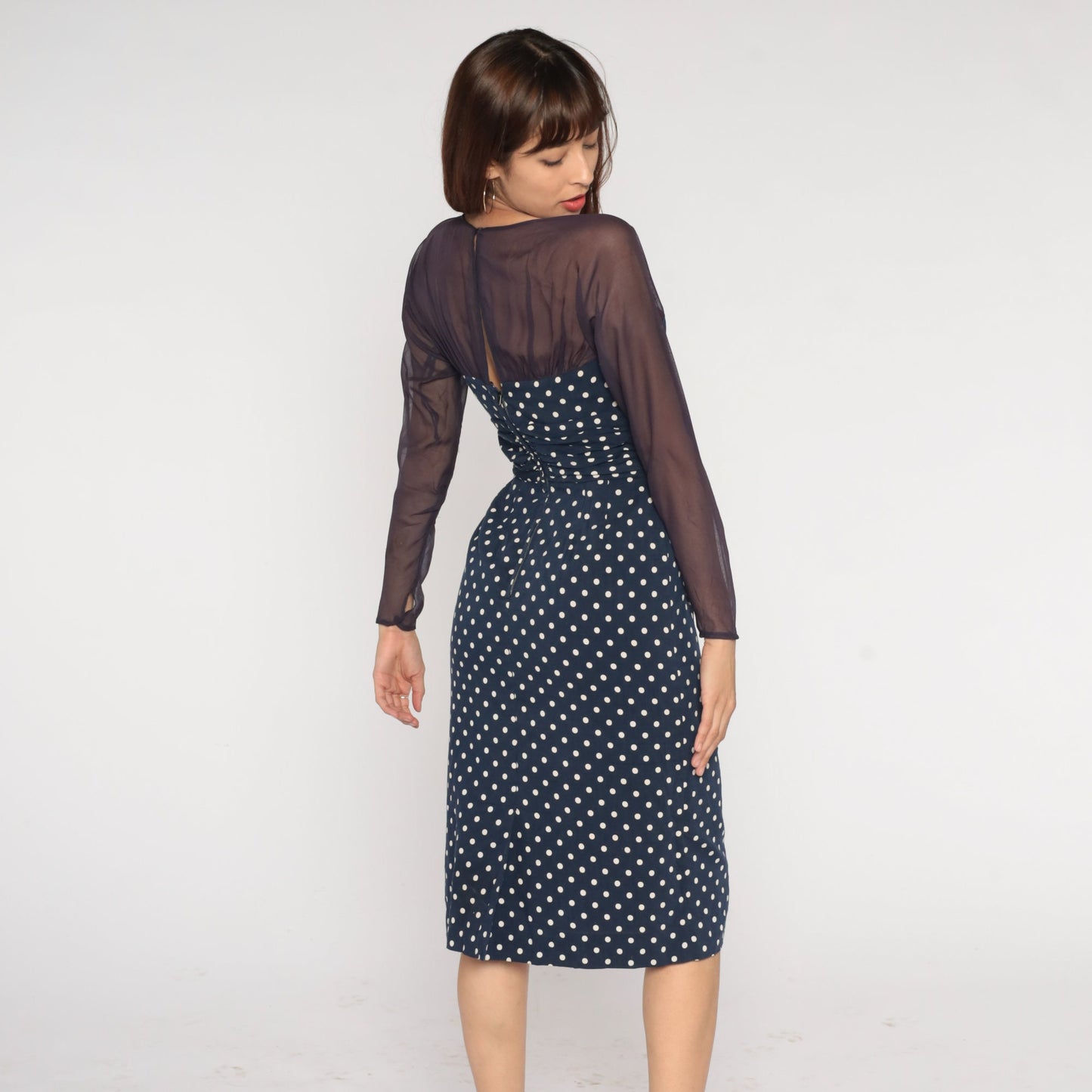 1960s Navy Polka Dot Midi Pencil Dress Sheer Sleeve Keyhole Small